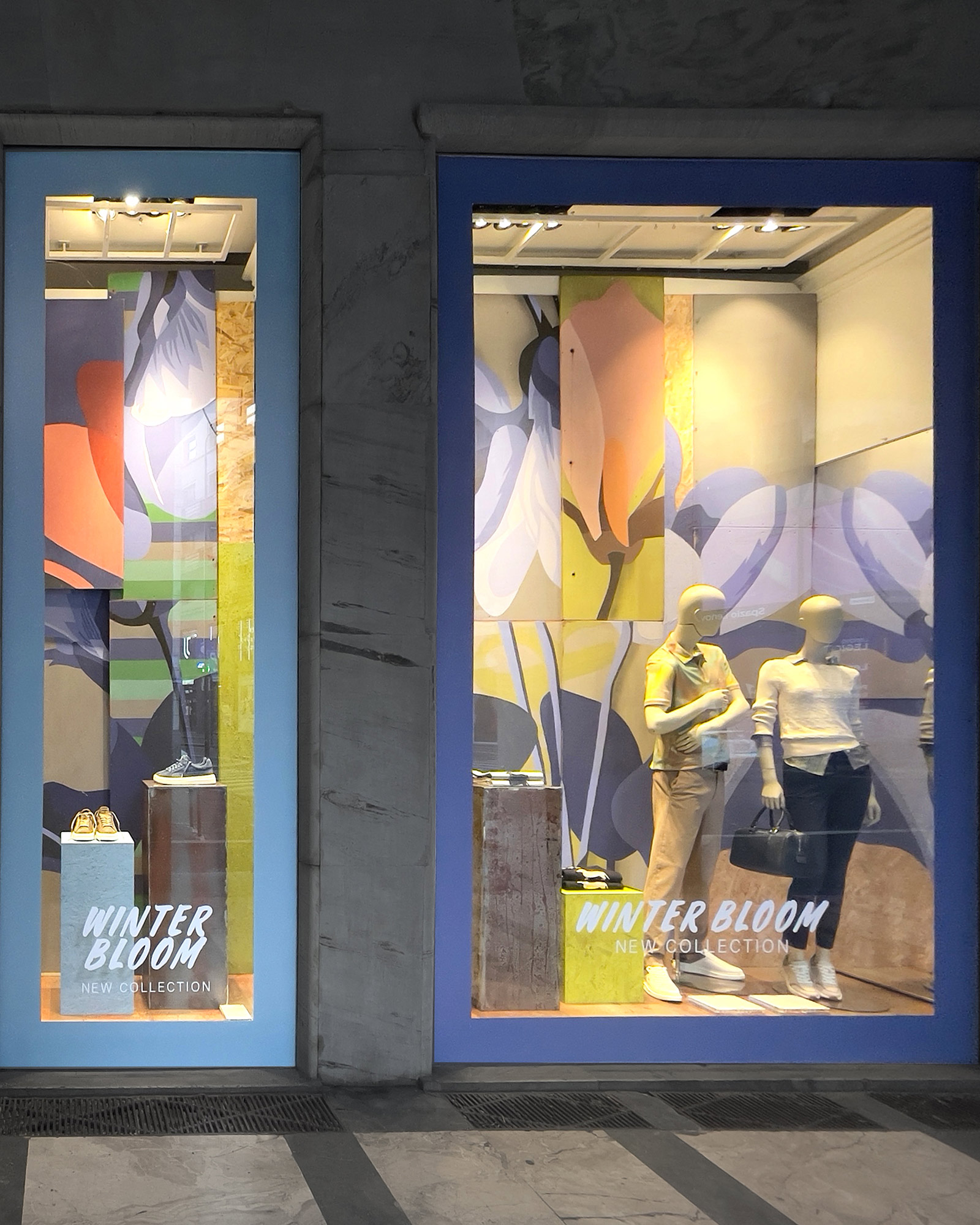 Harmont & Blaine FW25 windows with colorful floral graphics and mannequins in casual chic looks.