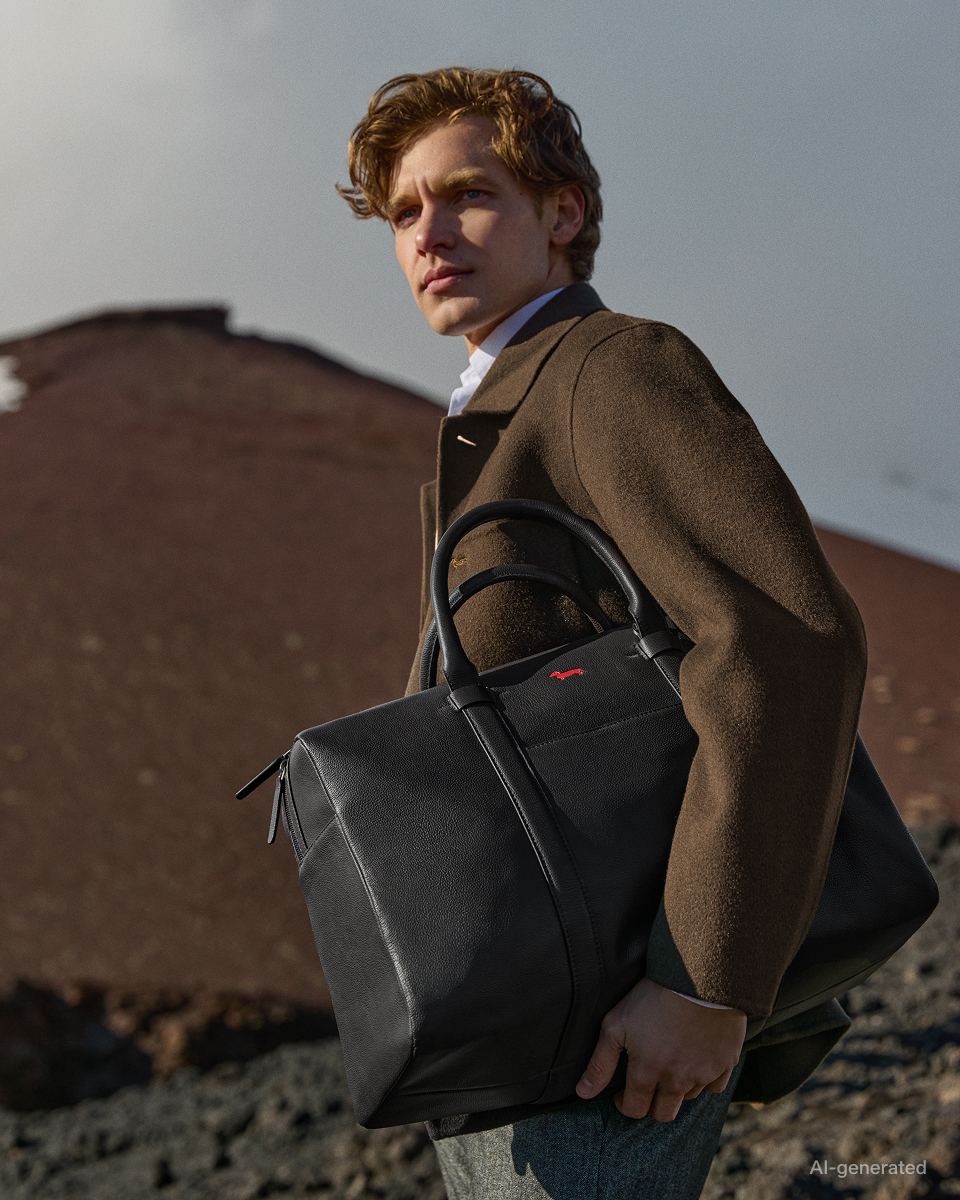 Campaign image for the FW26 collection, themed "Bags for Him". A male model with wavy strawberry blonde hair and light-colored eyes is portrayed in a medium shot against a volcanic landscape characterized by black rocks in the foreground, a hill of red earth, and a bright, blurred sky in the background. He wears a short brown herringbone jacket over a white shirt and dark gray and green tweed trousers, holding in his hands a large, structured black travel bag with short double handles and the iconic dachshund logo embroidered in red in the top-right corner.