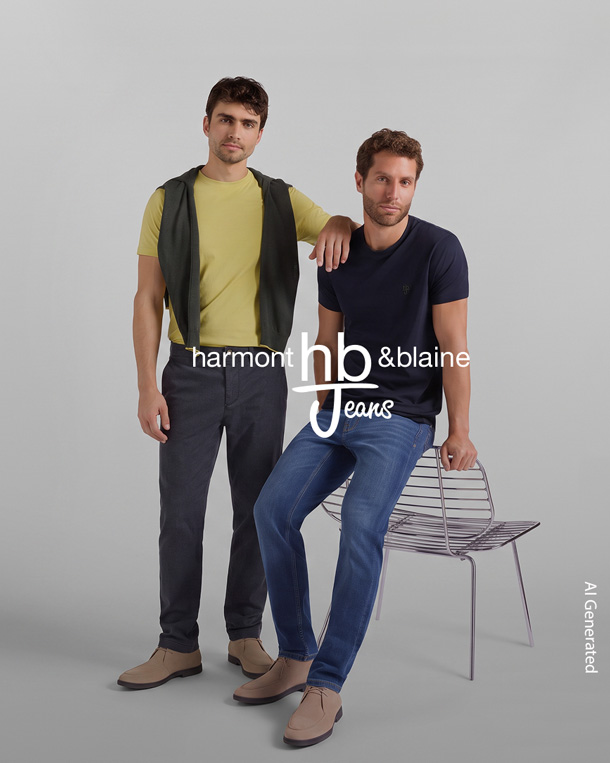 L'immagine di campagna presenta due modelli uomini in posa su uno sfondo grigio neutro e minimale, al cui centro spicca in sovrimpressione il logo bianco "harmont & blaine HB Jeans". Il modello in piedi a sinistra indossa una t-shirt giallo lime con maglioncino scuro appoggiato sulle spalle, pantaloni grigi scuri e scarponcini scamosciati chiari. Il modello sulla destra &egrave; seduto su una sedia in metallo dal design moderno e indossa una t-shirt blu scuro abbinata a jeans denim dal lavaggio blu classico e polacchine beige. Lo stile complessivo esprime un'eleganza casual, fresca e contemporanea.