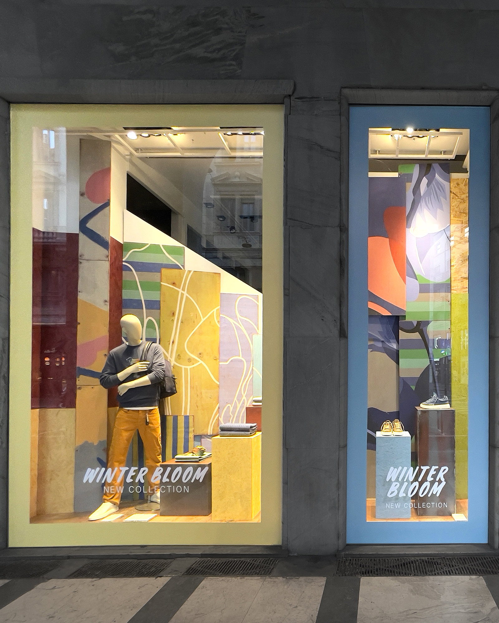 Harmont & Blaine FW25 windows with colorful floral graphics and mannequins in casual chic looks.