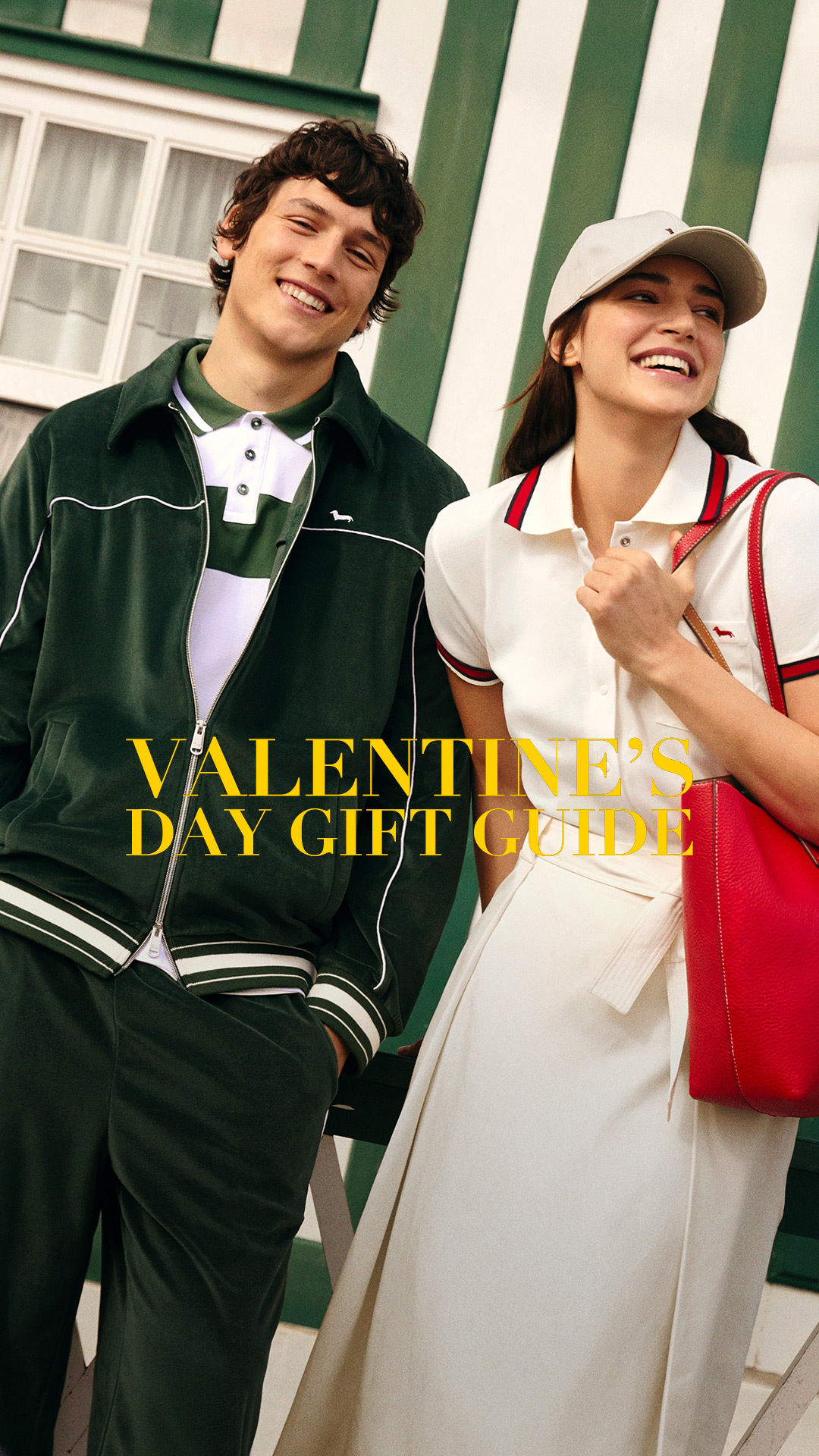 Man and woman in sporty green and white looks, she carries a red bag