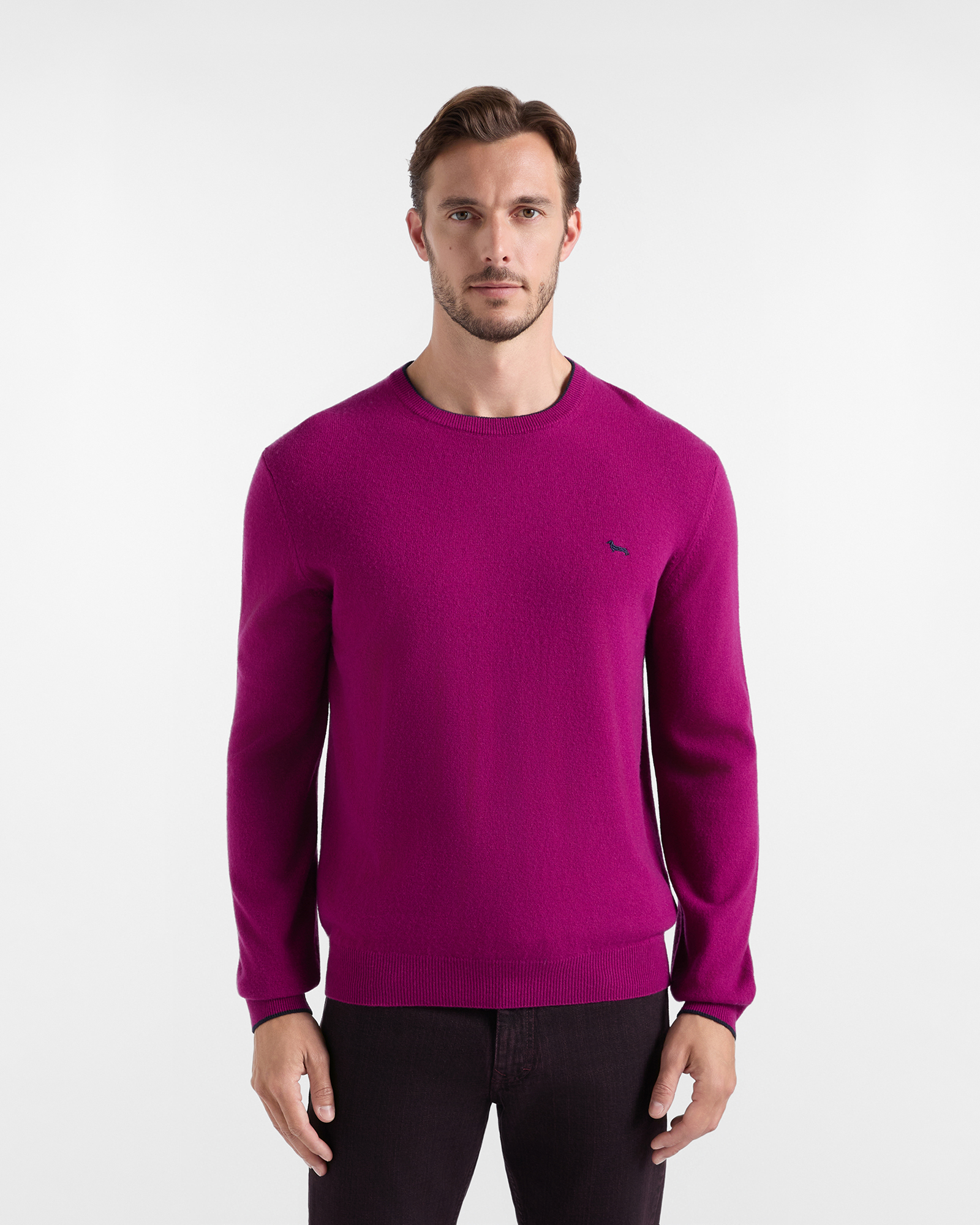 Maglia Uomo con girocollo con bordino contrasto in misto lana e cashmere ciclamino Regular Fit