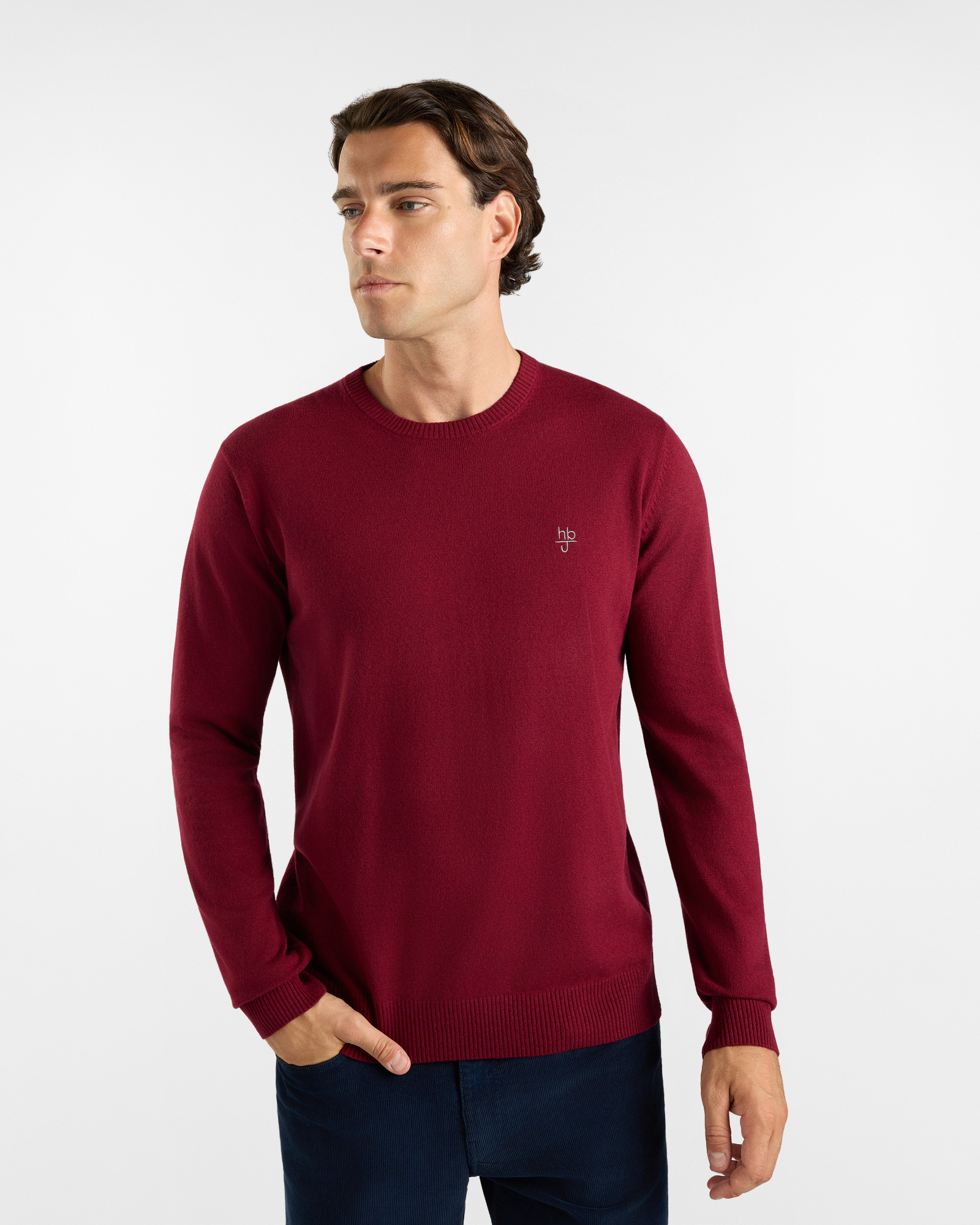 HBJ Men&rsquo;s carded knit jumper with patches, crew neck in red wool and cashmere blend