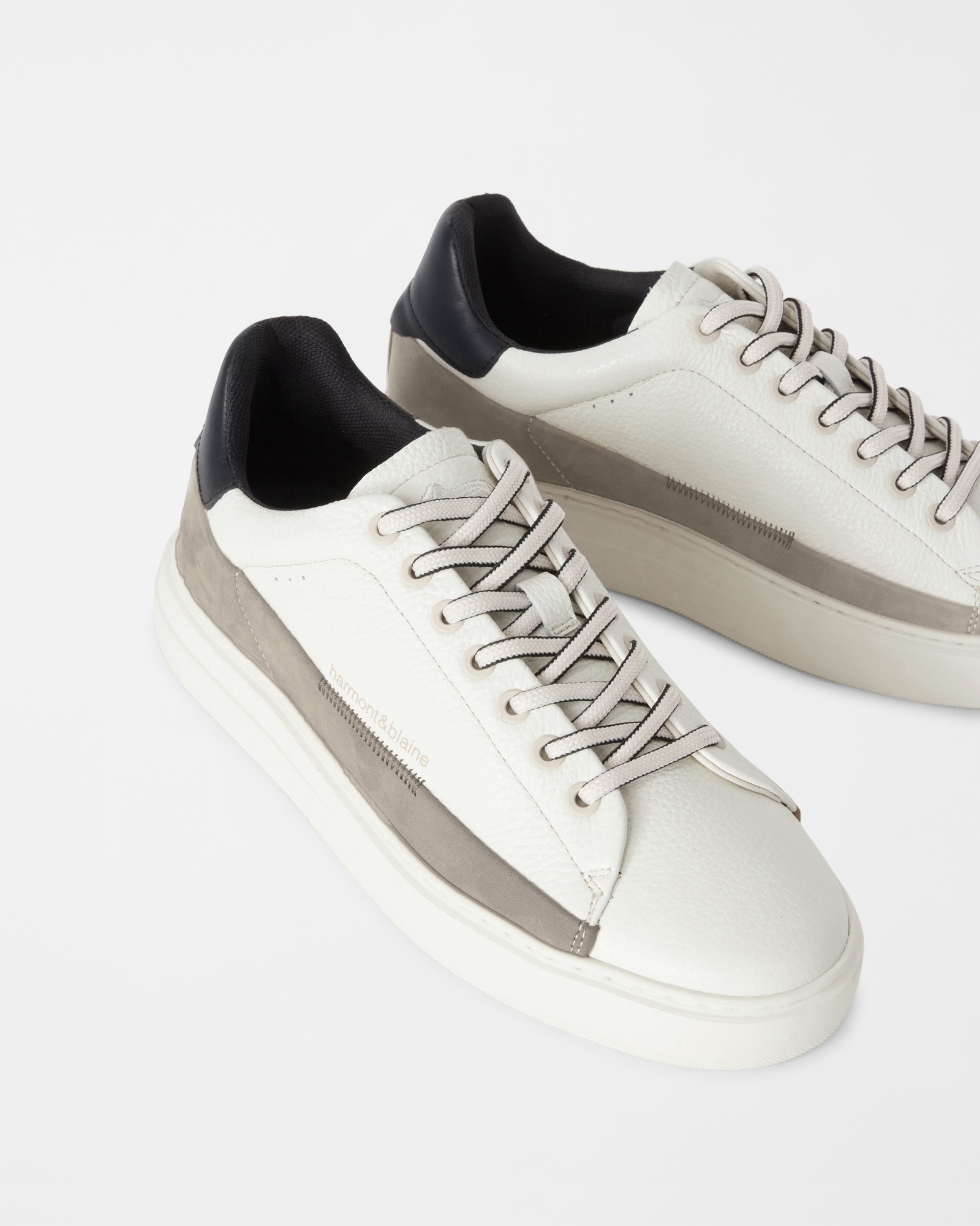 Men's grained leather sneakers with nubuck band, OFF WHITE - BEIGE, large