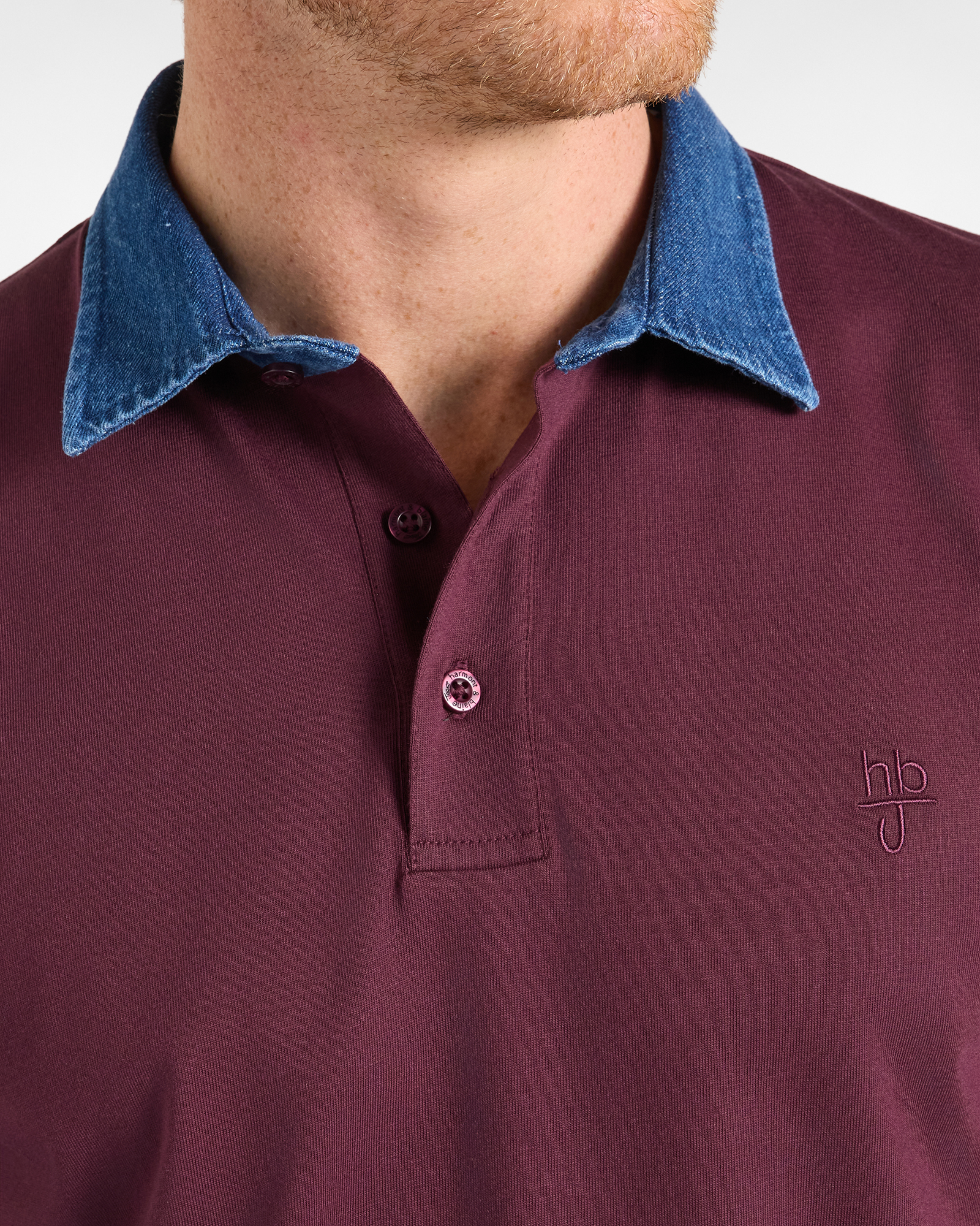 Polo HBJ Uomo con Colletto in Denim di Puro Cotone, PRUGNA, large