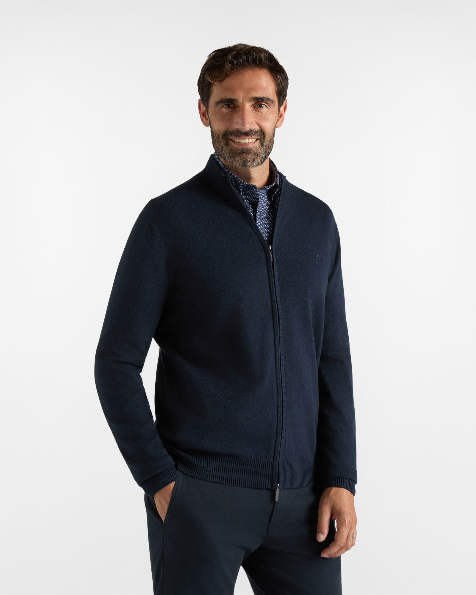 Maglia HBJ Uomo Full Zip in Misto Lana e Cashmere, BLU SCURO, large