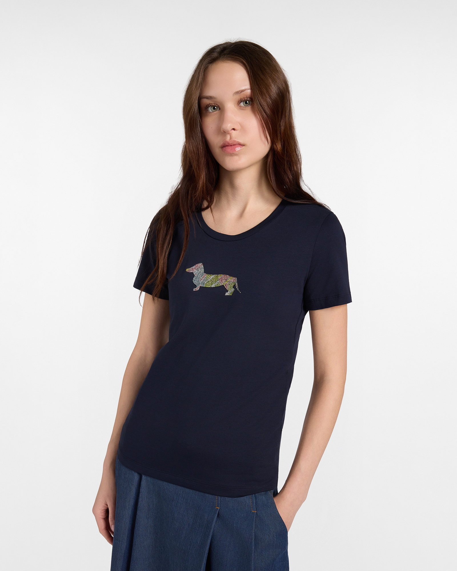 T-shirt Donna in cotone stretch blu con Maxi Bassotto
