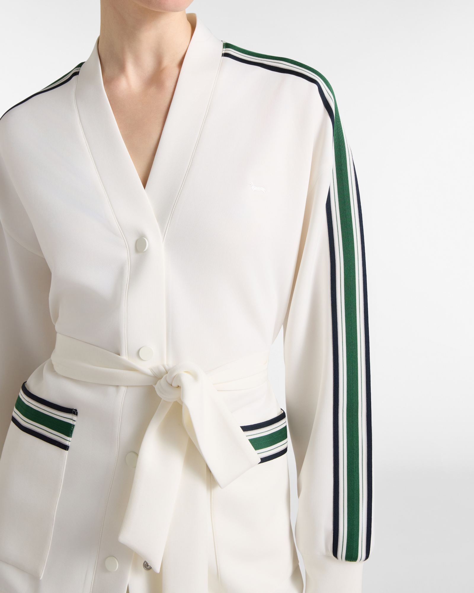 Women's fleece kimono cardigan with regimental stripes, WHITE, large