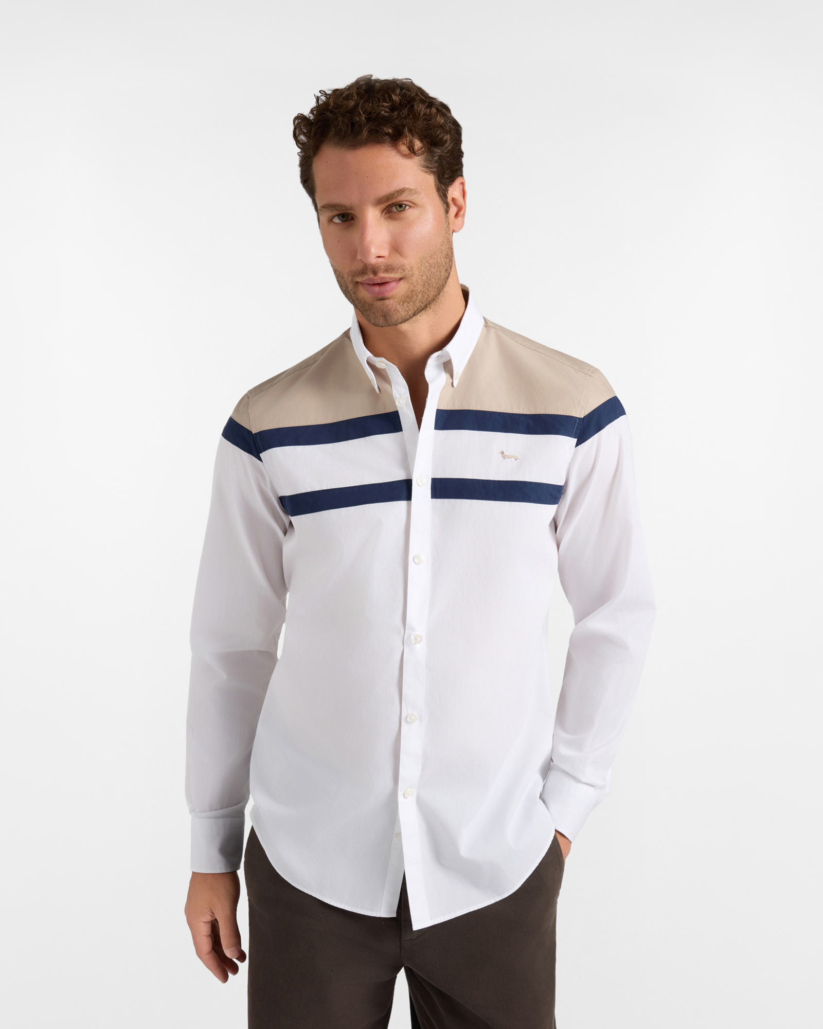Camicia Uomo popeline peach con fasce Regular Fit bianco