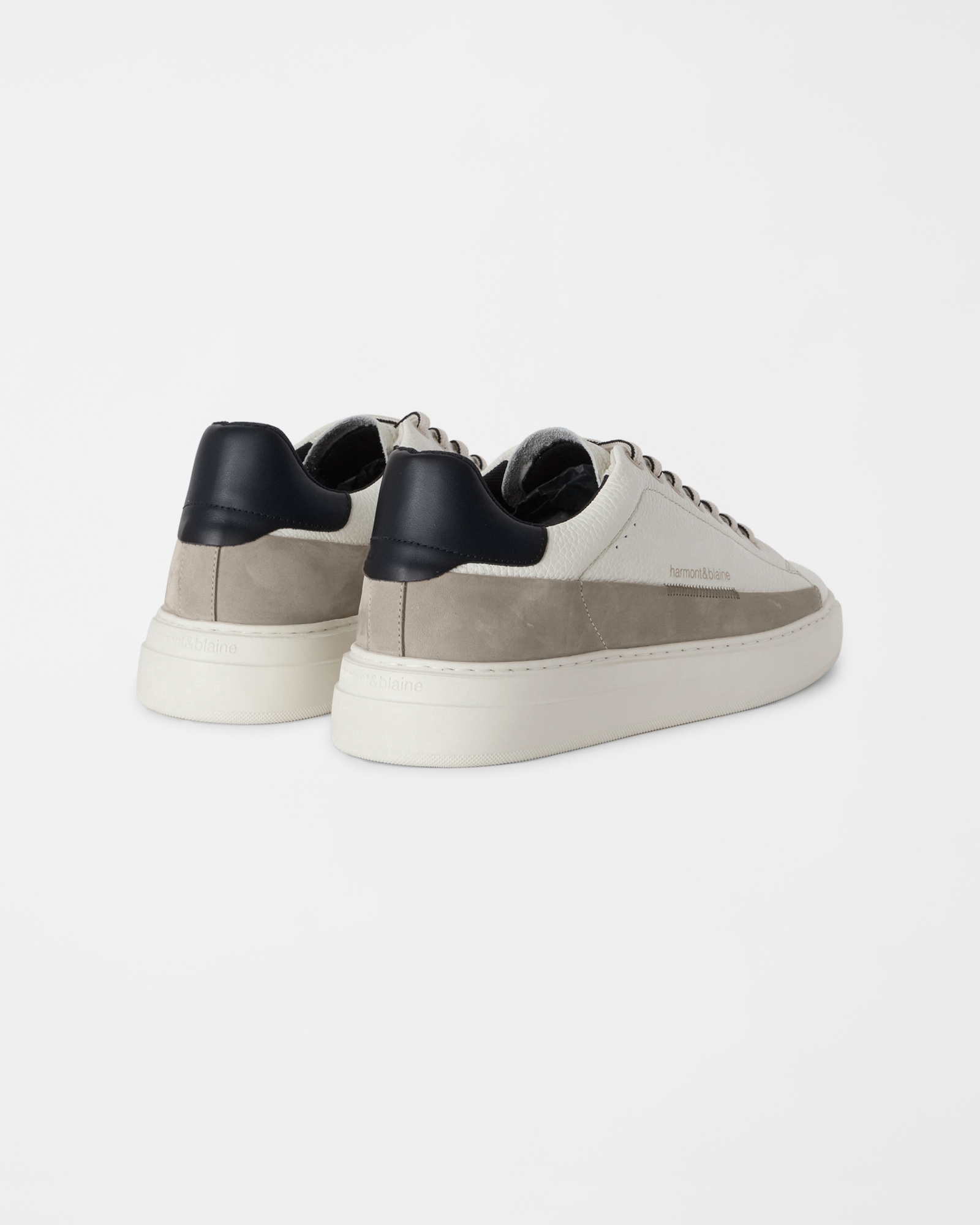Men's grained leather sneakers with nubuck band, OFF WHITE - BEIGE, large