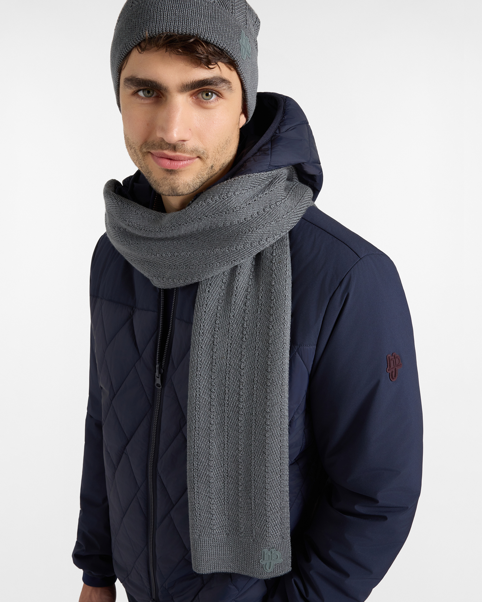 Sciarpa HBJ Uomo in Misto Lana con Patch Logo Grigio