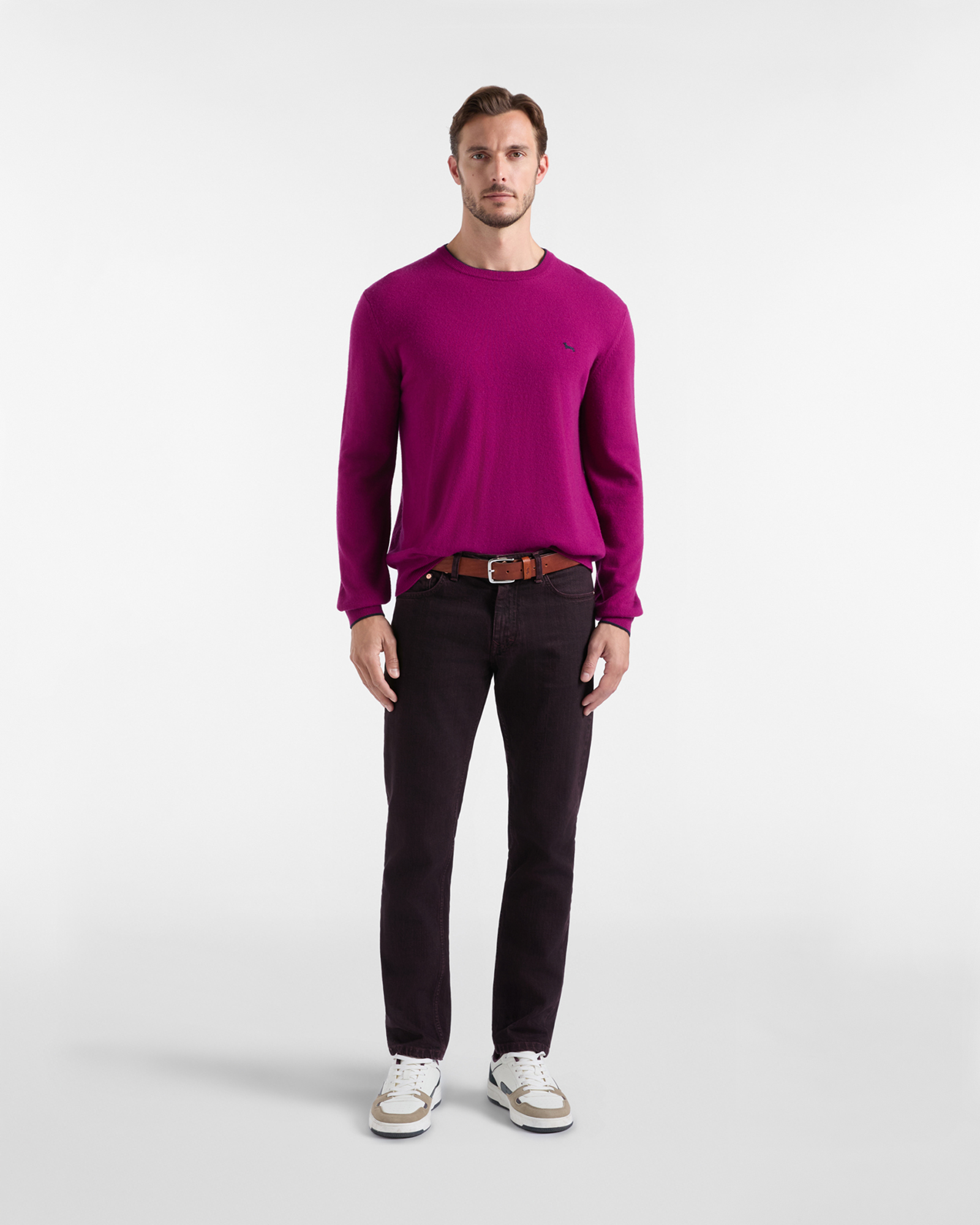 Men's crewneck sweater with contrasting stripe in a gray wool and cashmere blend with regular fit, CYCLAMEN, large
