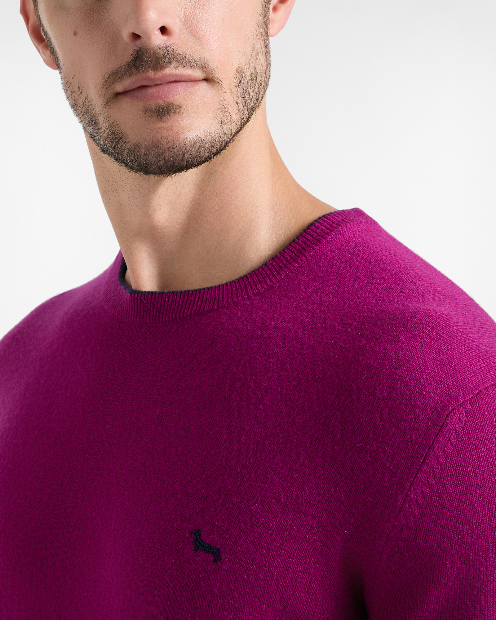 Men's crewneck sweater with contrasting stripe in a gray wool and cashmere blend with regular fit, CYCLAMEN, large