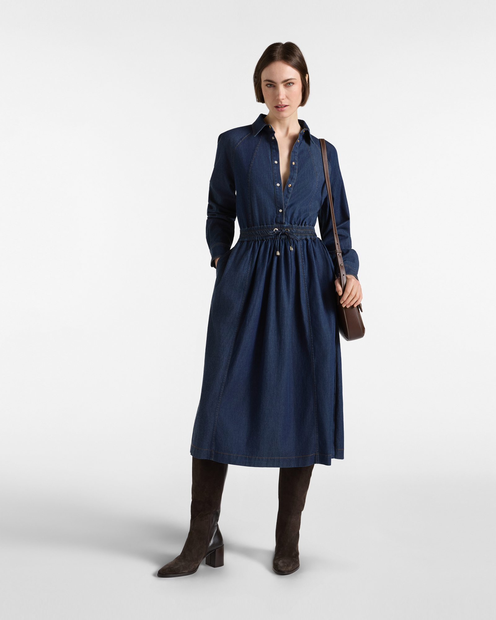 Vestido Camisero Midi de Mujer en Denim Azul con Cintura El&aacute;stica, AZUL DENIM, large