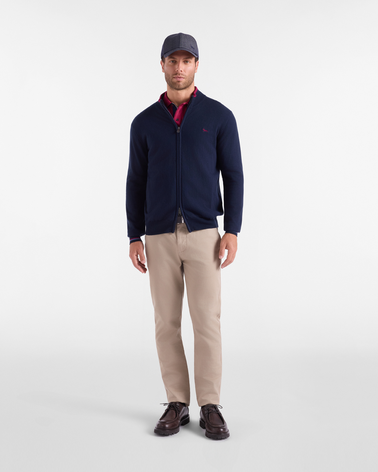 Men's regular fit sweater with full-zip stand-up collar in wool and cotton blend, NAVY BLUE, large
