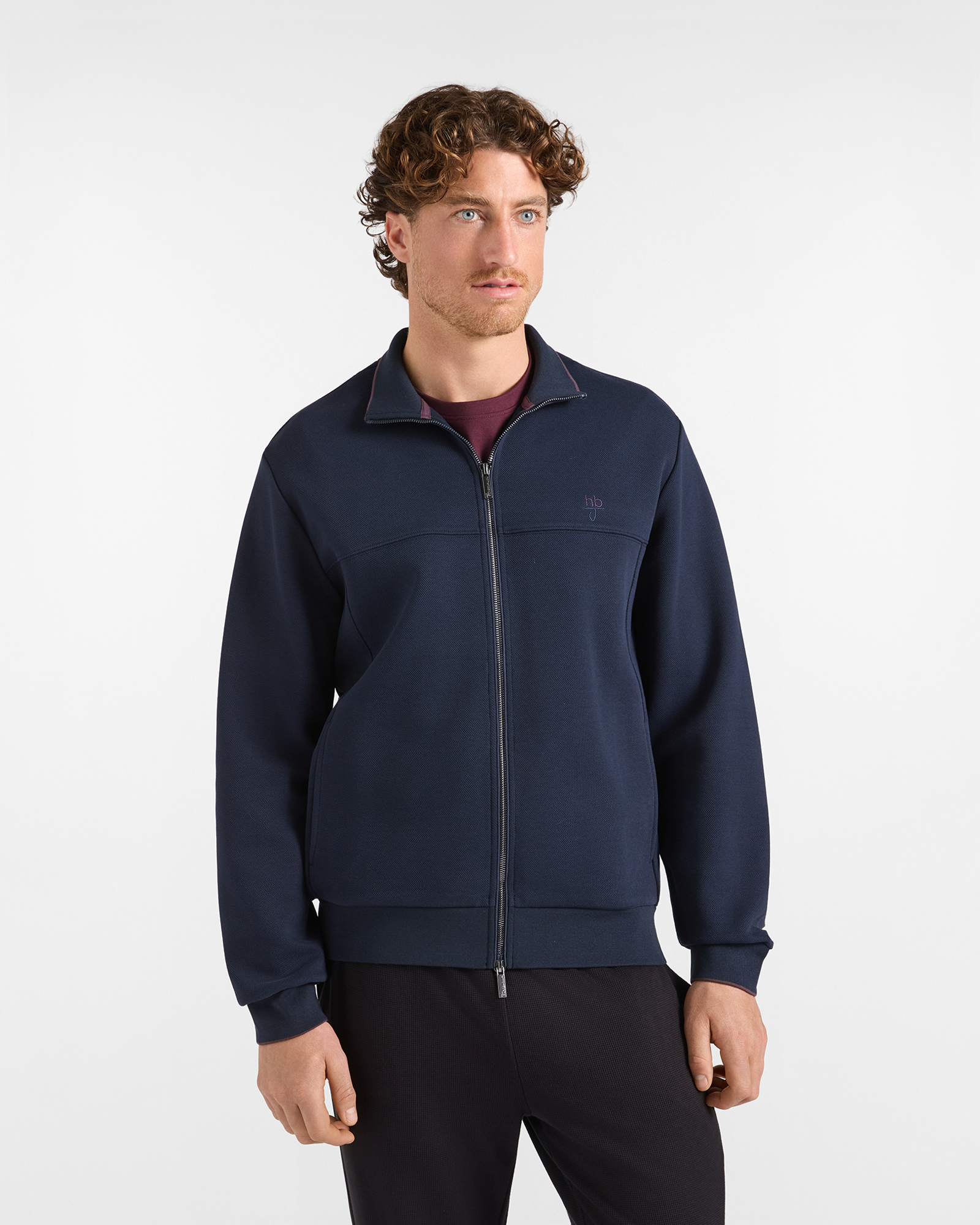 Blue HBJ Men&rsquo;s Full-Zip Hoodie with Stand-Up Collar and Contrast Trim