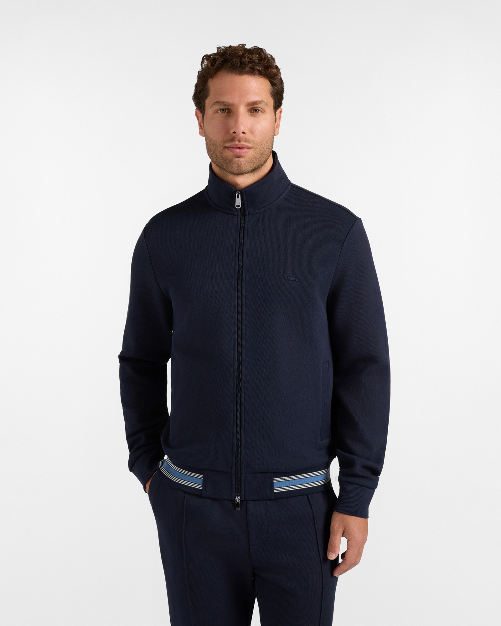Men's blue full-zip piqu&eacute; sweatshirt with striped details