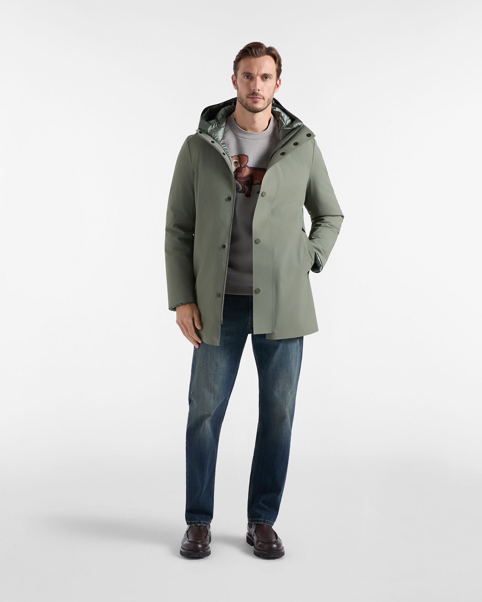 Men&rsquo;s technical trench coat with hood in black stretch nylon, PETROLEUM GREEN, large