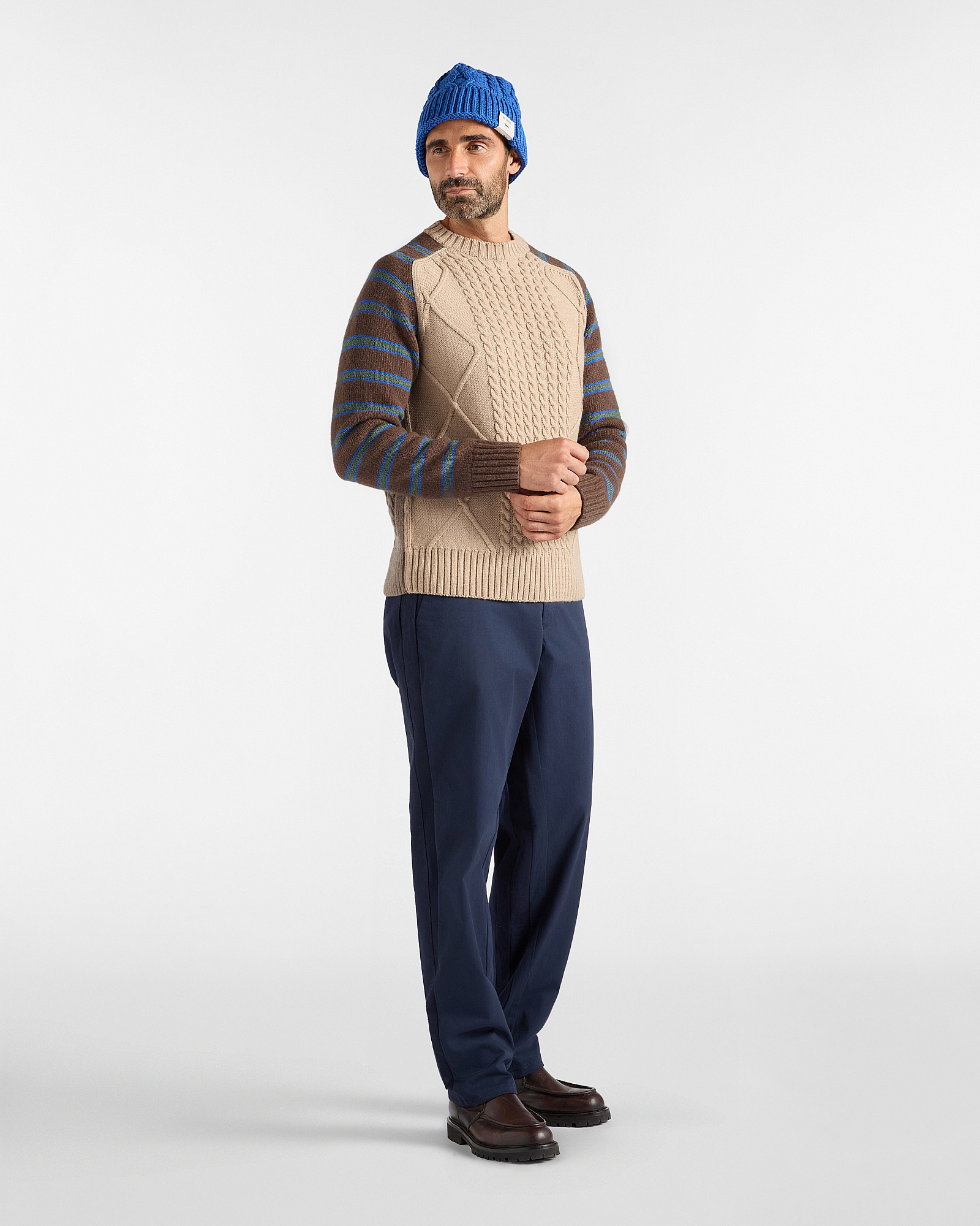 Men&rsquo;s jumper with hand-knitted cables and stripes in wool blend, Made in Italy, DARK BROWN, large