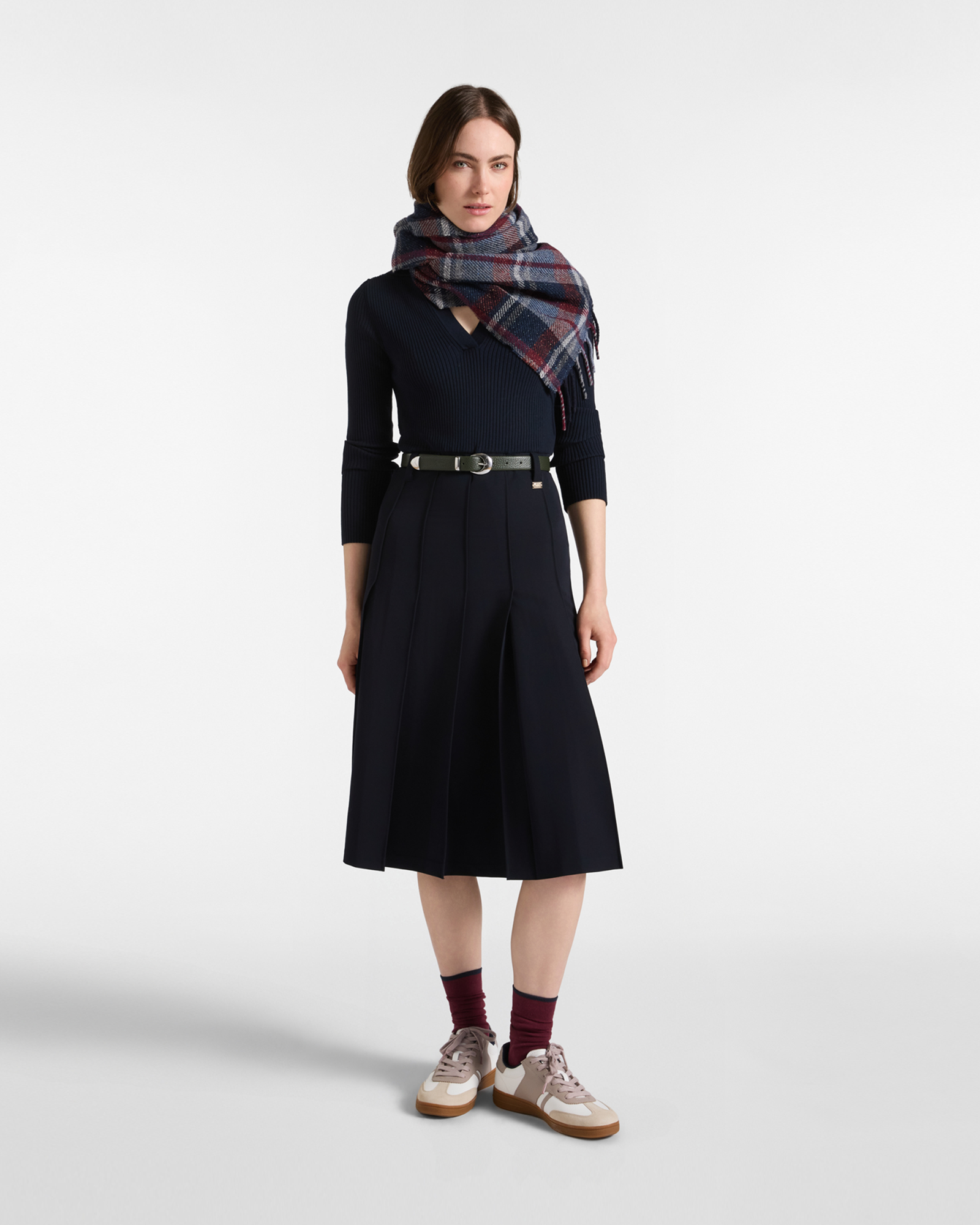 Vestido midi bimat&eacute;rico de mujer con cuerpo de canal&eacute; y cintur&oacute;n, AZUL, large