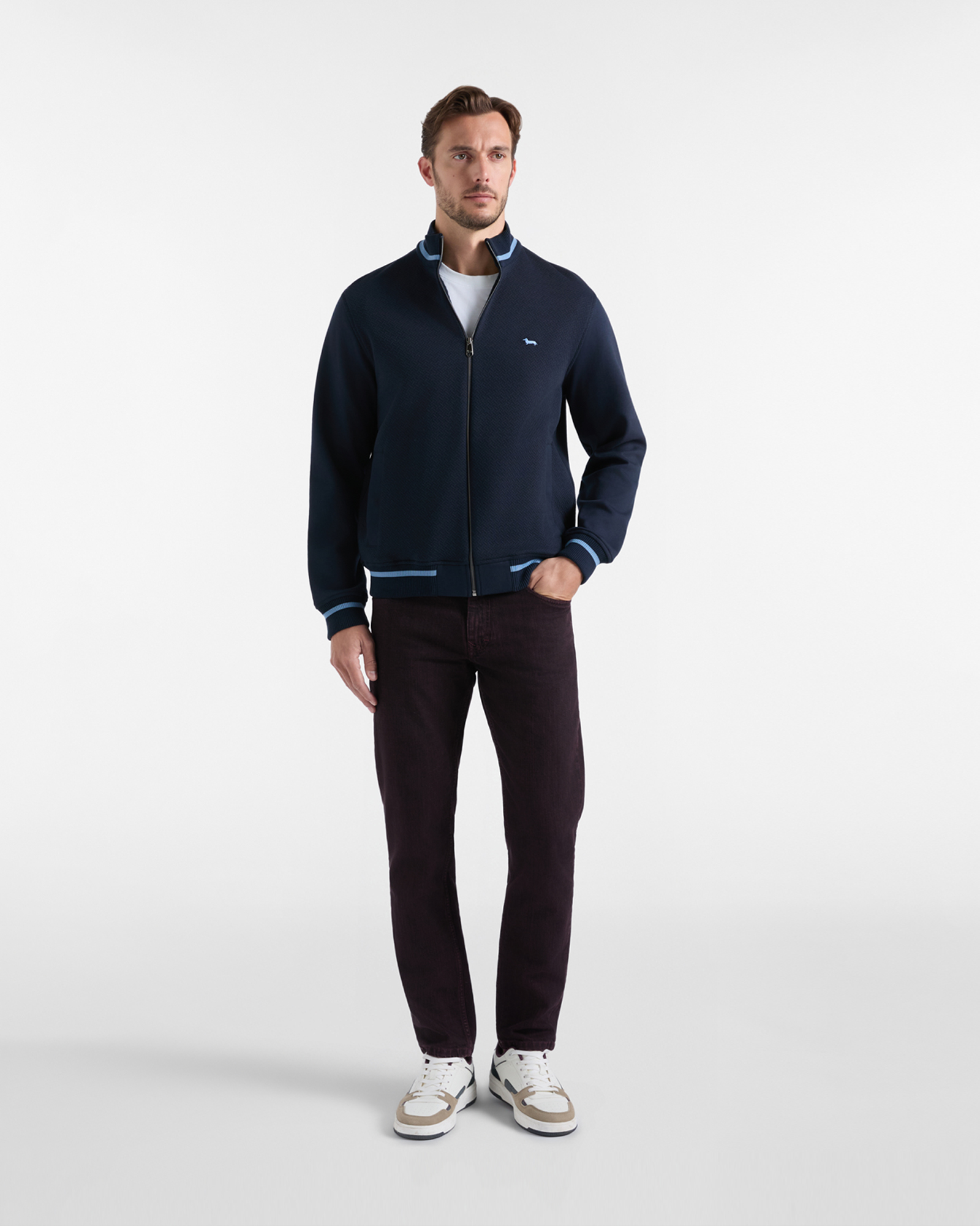 Men's blue full-zip 3D jersey mock turtleneck sweatshirt, NAVY BLUE, large