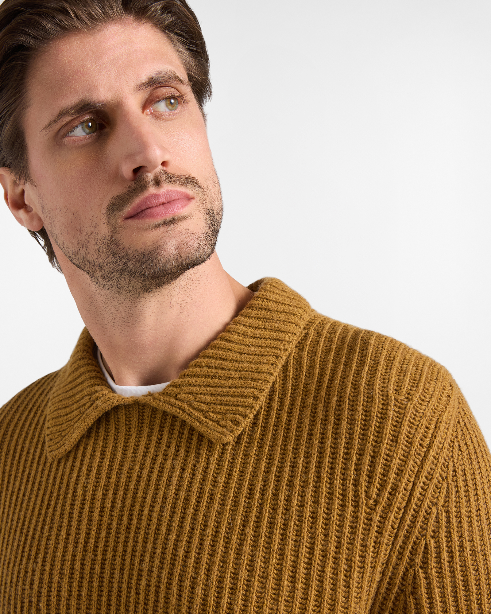 Men's Made in Italy buttoned polo shirt collar pullover in wool blend with regular fit, DARK BROWN, large