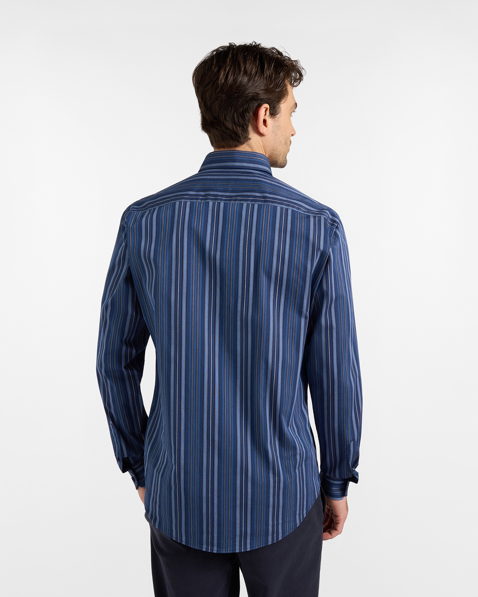 Camicia HBJ Uomo Narrow Fit in cotone stretch a righe con collo Montecarlo, BLU SCURO, large