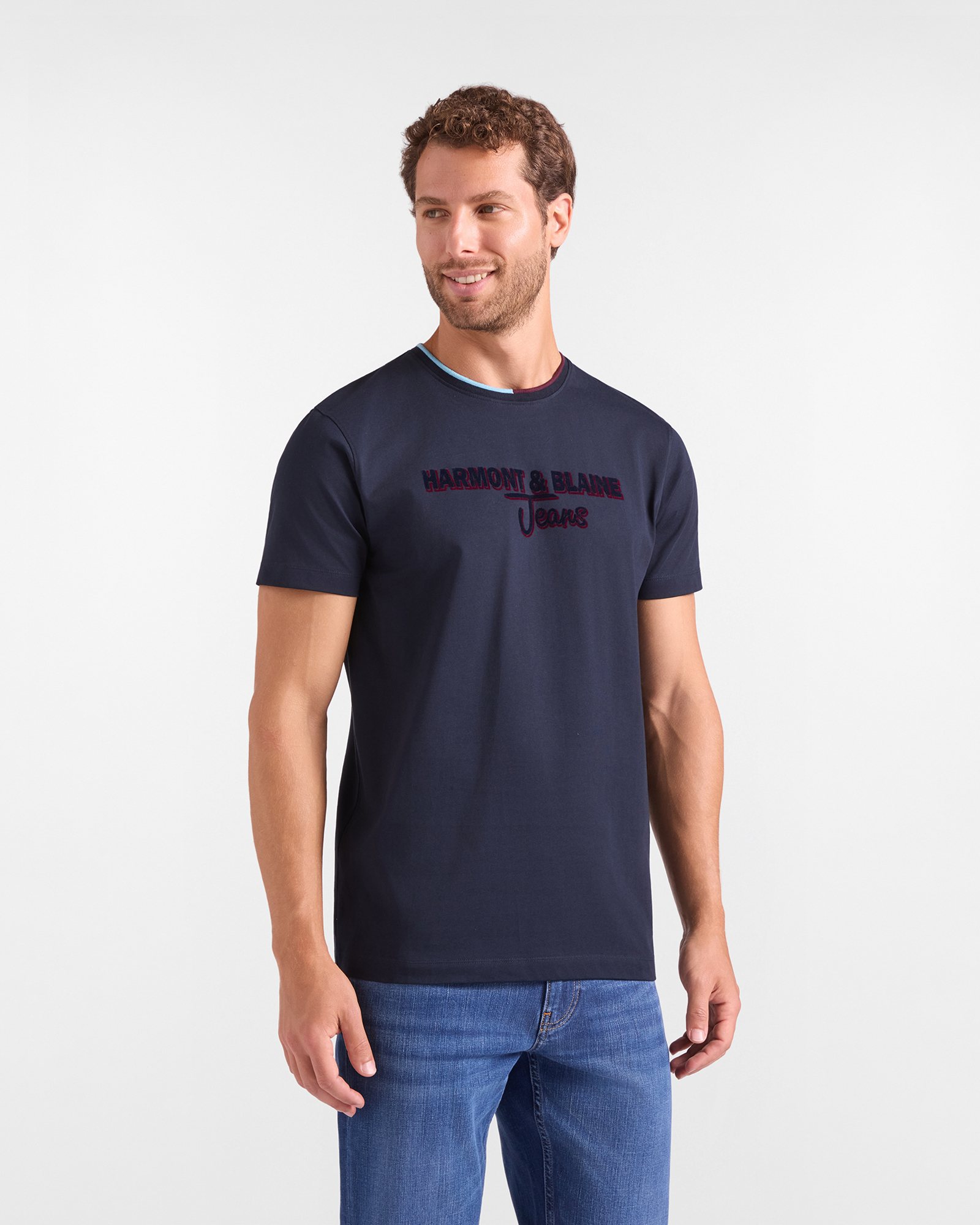Men&rsquo;s HBJ T-shirt with Flock Print in Pure Dark Blue Cotton