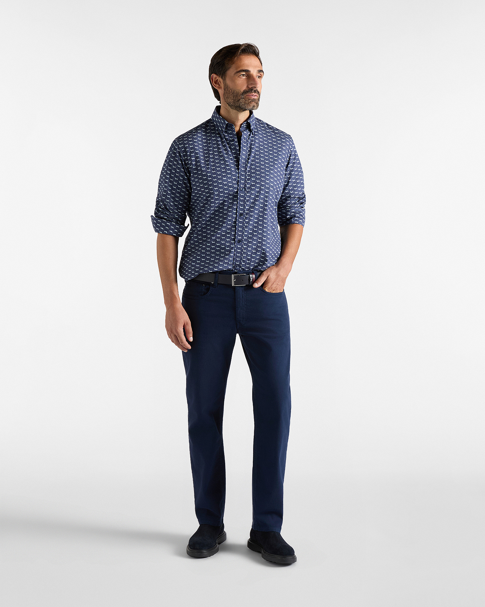 Camicia Uomo Bassotti all over in popeline di cotone, BLU NAVY, large
