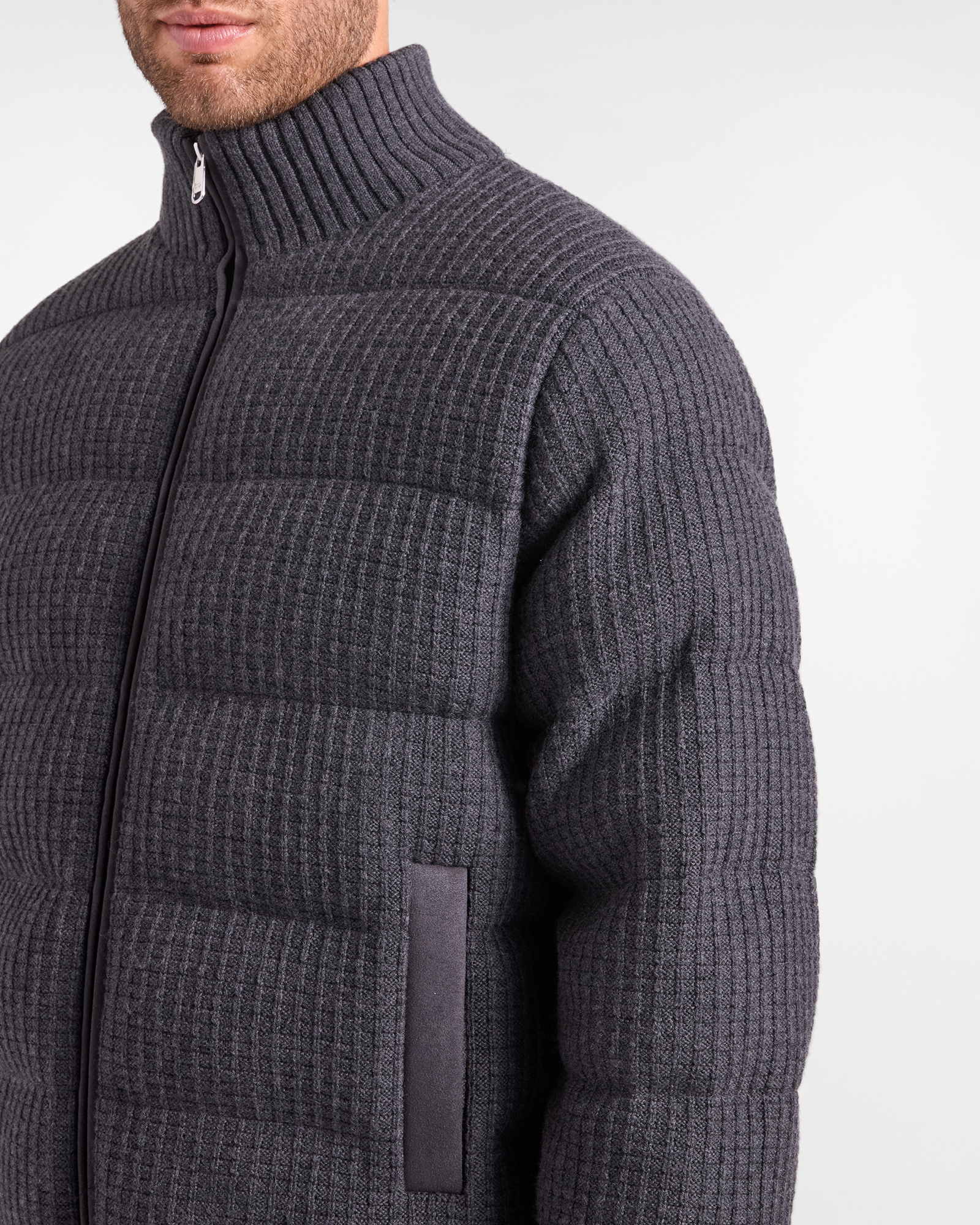 Giubbino in Maglia Uomo con collo alto con zip in 100% pura lana Regular Fit, GRIGIO, large