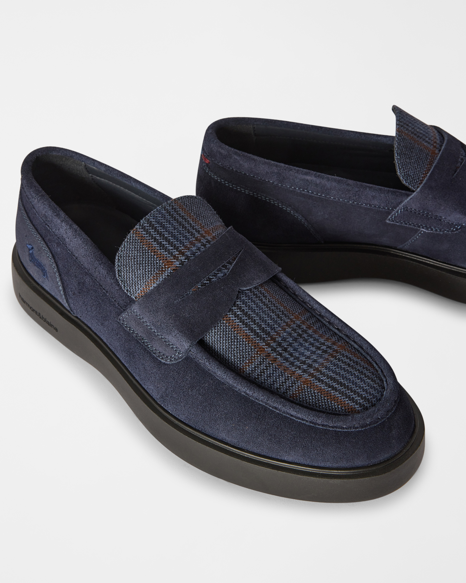 Men's Suede and Tartan Fabric Loafers, BLUE - BLUE, large