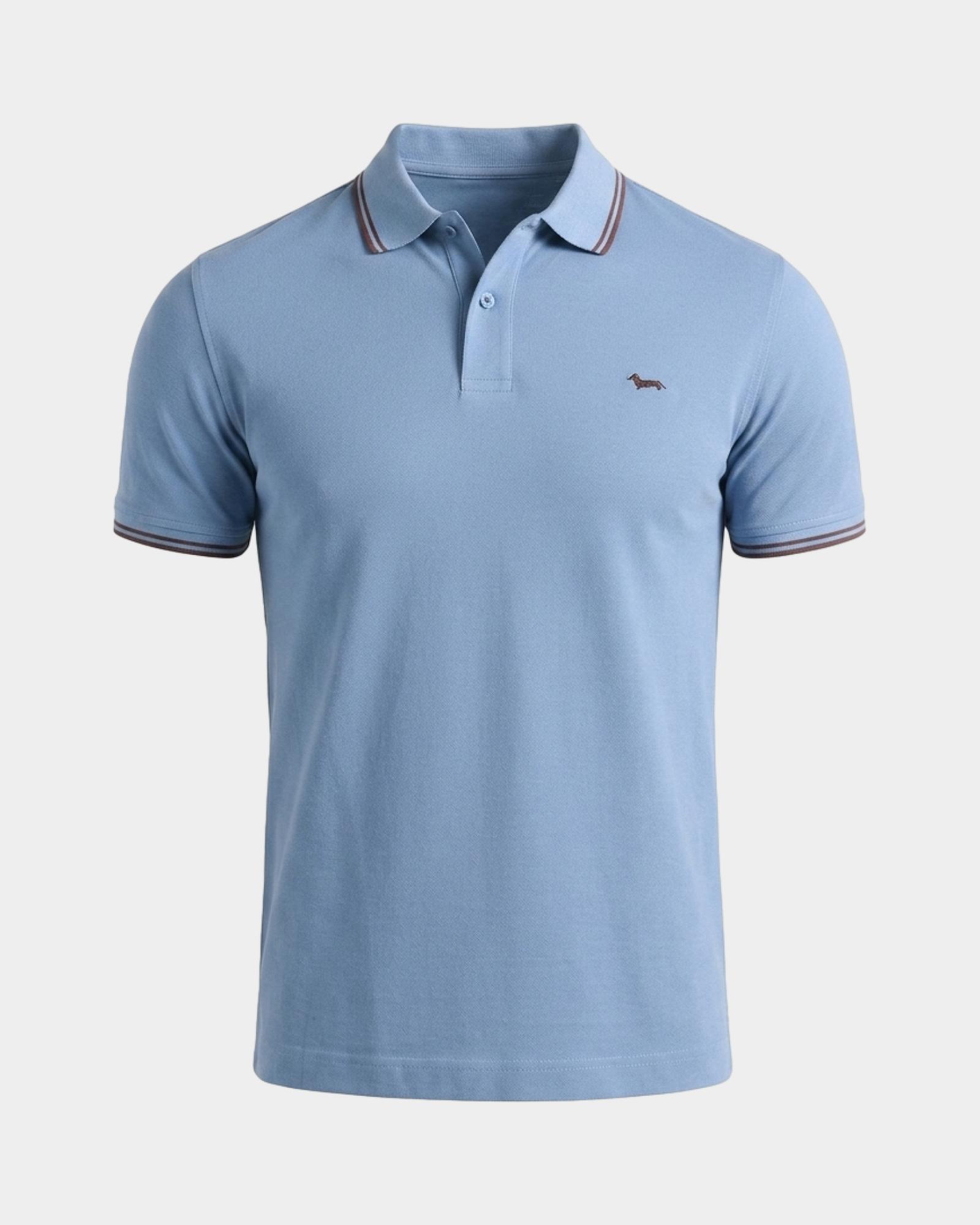 Polo da uomo manica corta in piquet di 100% puro cotone, AZZURRO, large