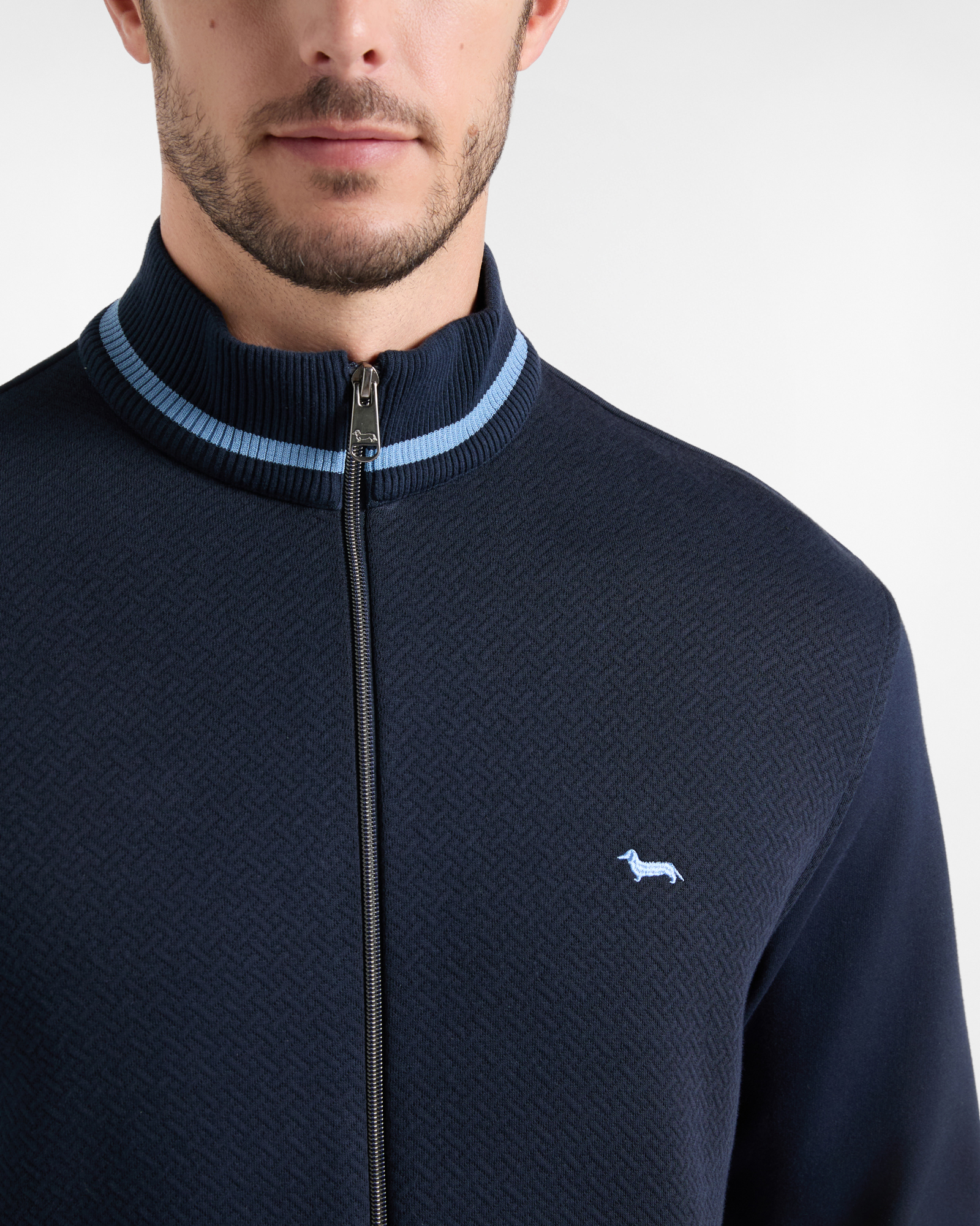 Men's blue full-zip 3D jersey mock turtleneck sweatshirt, NAVY BLUE, large