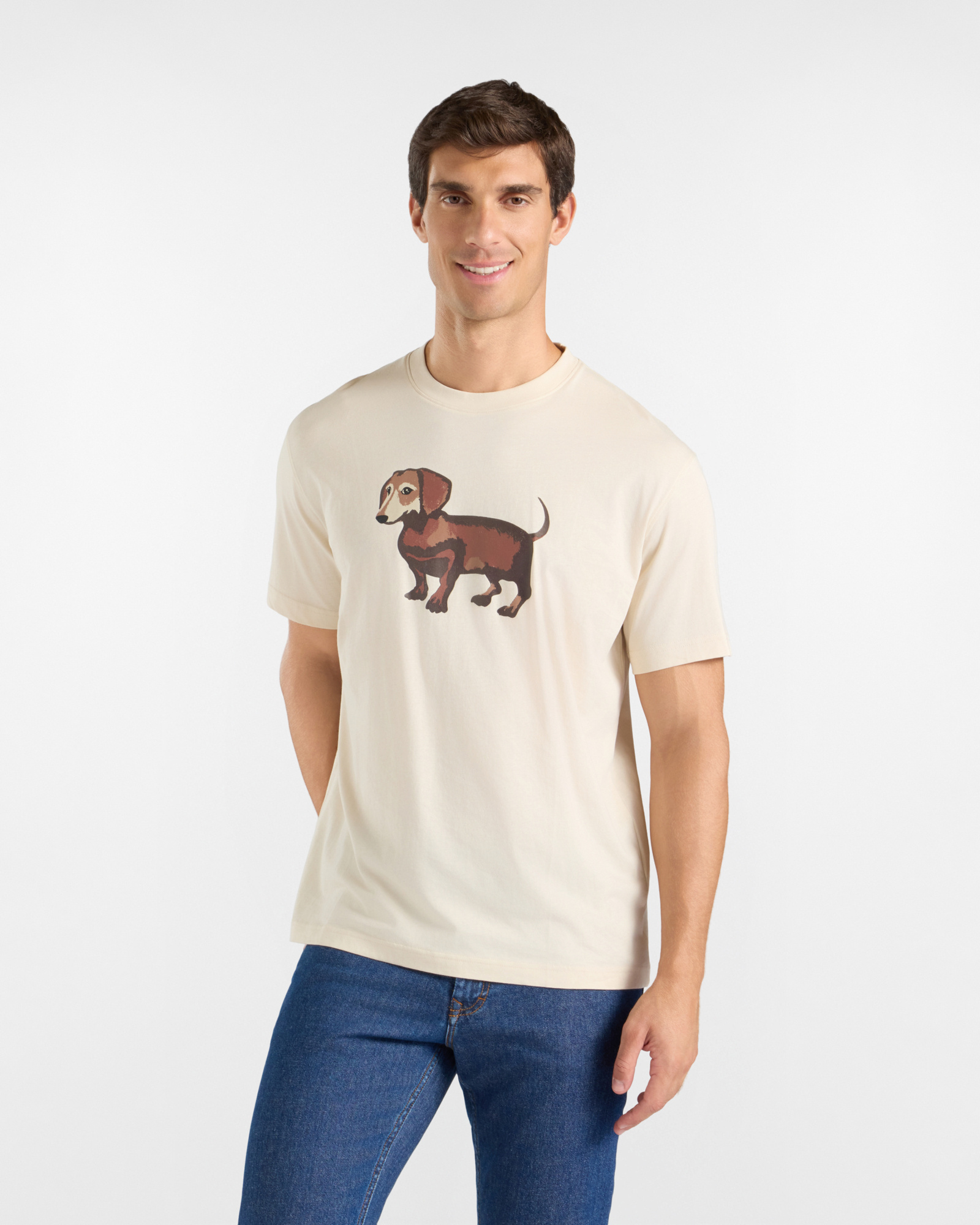 Men&rsquo;s Taupe Pure Cotton Jersey T-shirt with Watercolour-Effect Dachshund Print