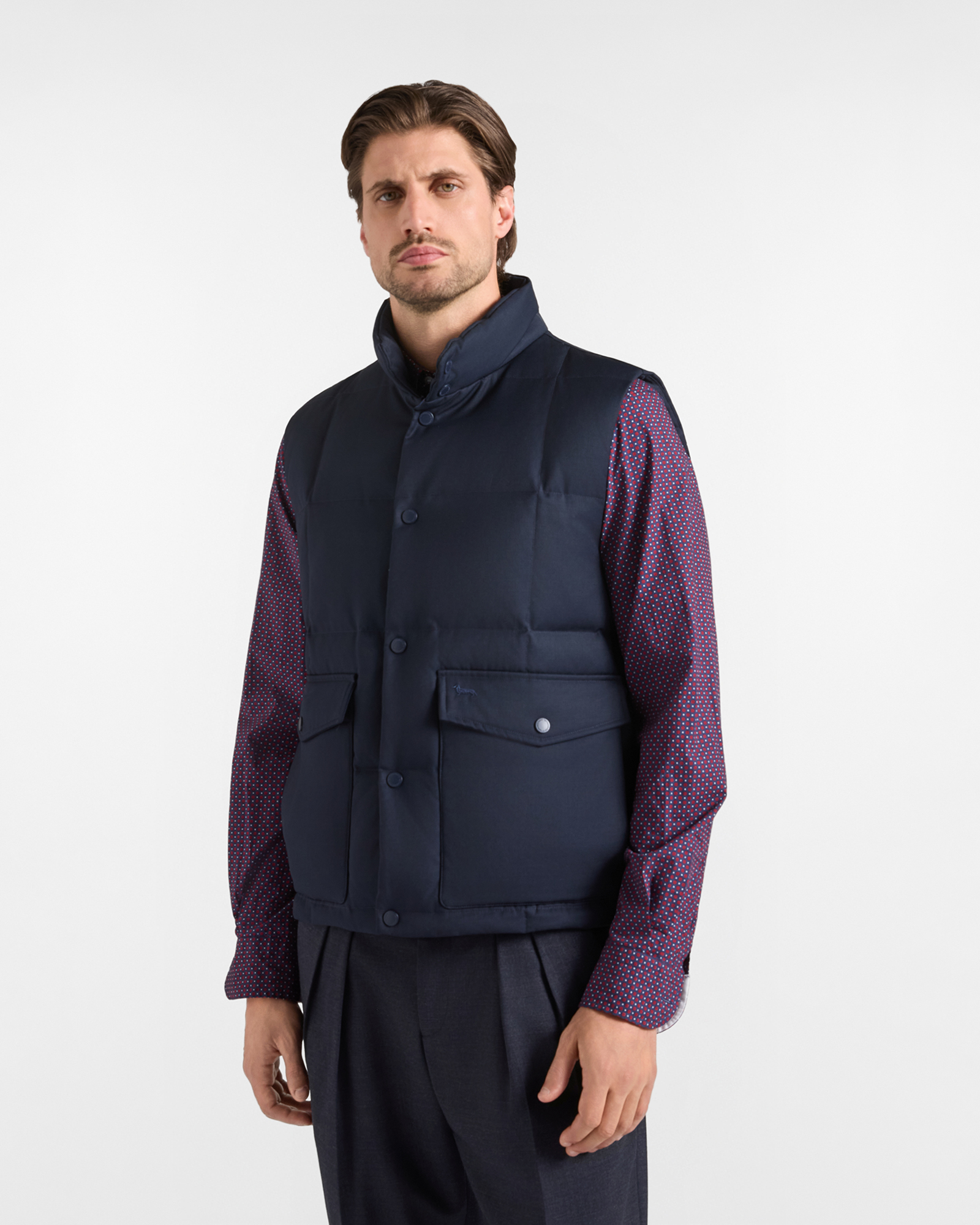 Men&rsquo;s padded waistcoat in navy blue technical wool blend
