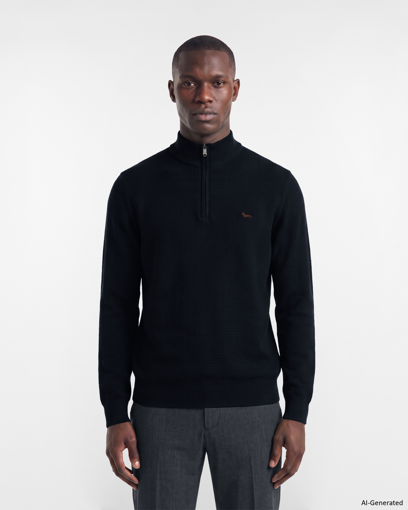 Men's regular fit sweater with half-zip stand-up collar in a blue wool and cotton blend