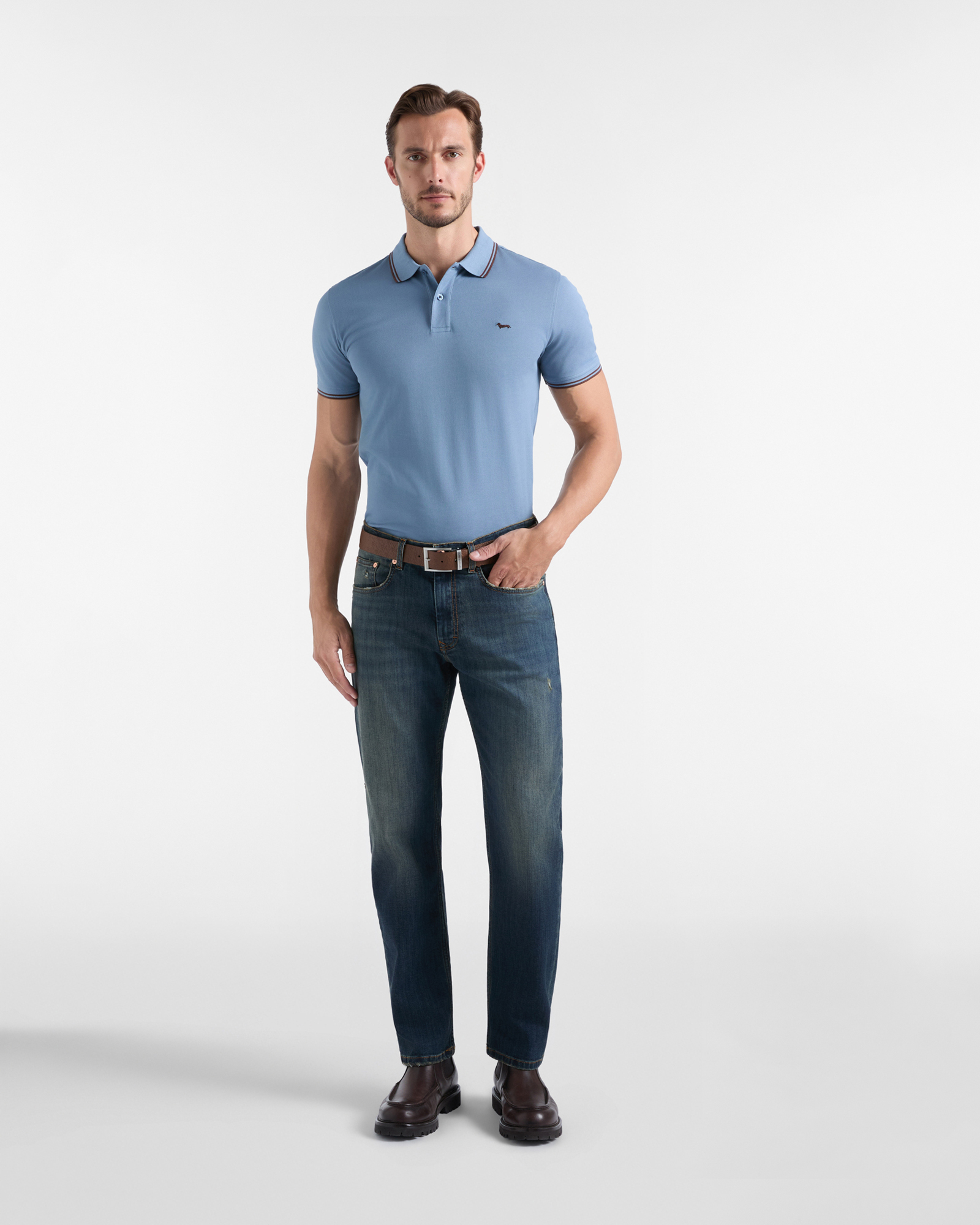 Polo da uomo manica corta in piquet di 100% puro cotone, AZZURRO, large