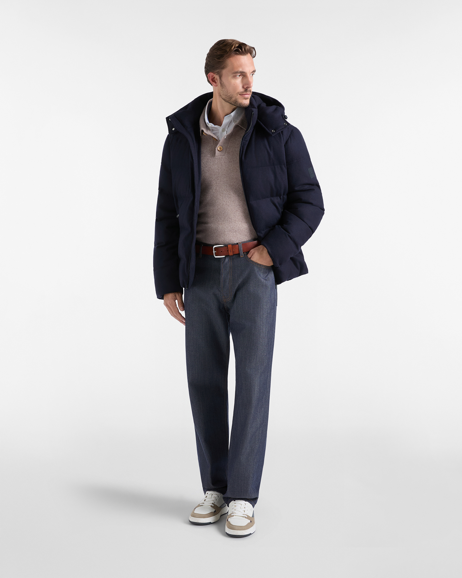 Men&rsquo;s padded bomber jacket with hood in navy blue wool and silk blend, NAVY BLUE, large