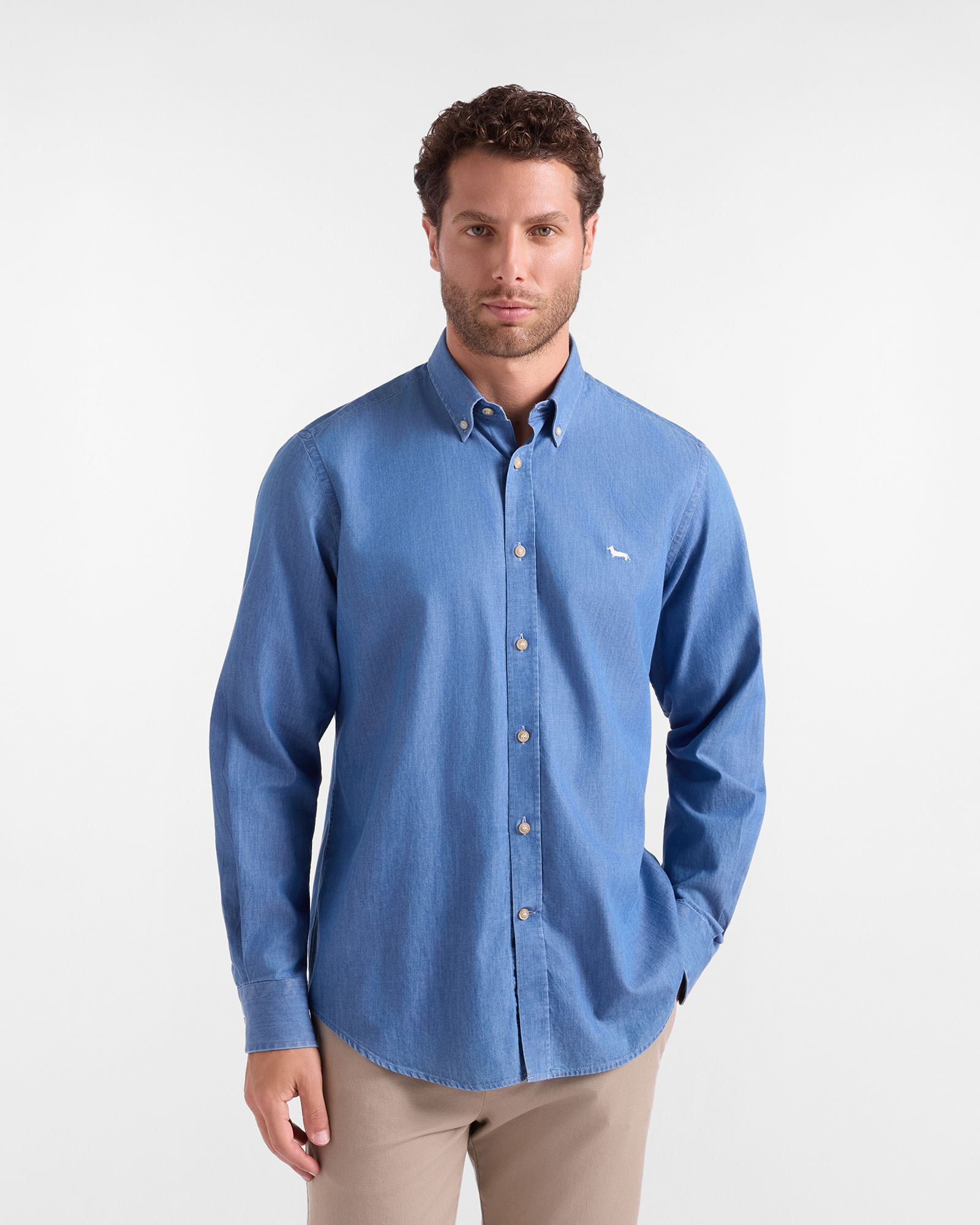 Camicia Uomo in denim collo button-down impunture corda Regular Fit blu