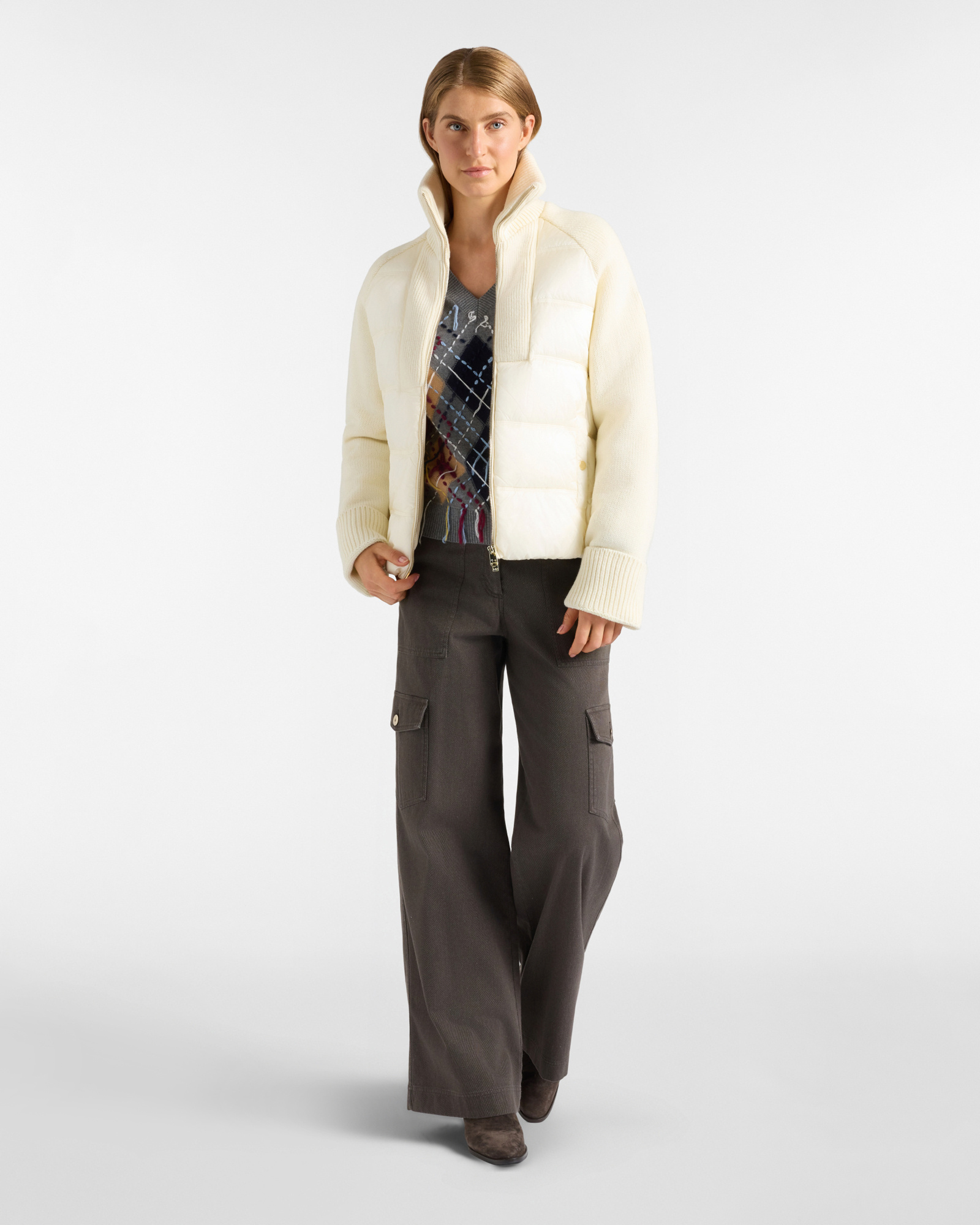 Giubbotto da donna  Oversize in nylon e lana a costina, BIANCO, large