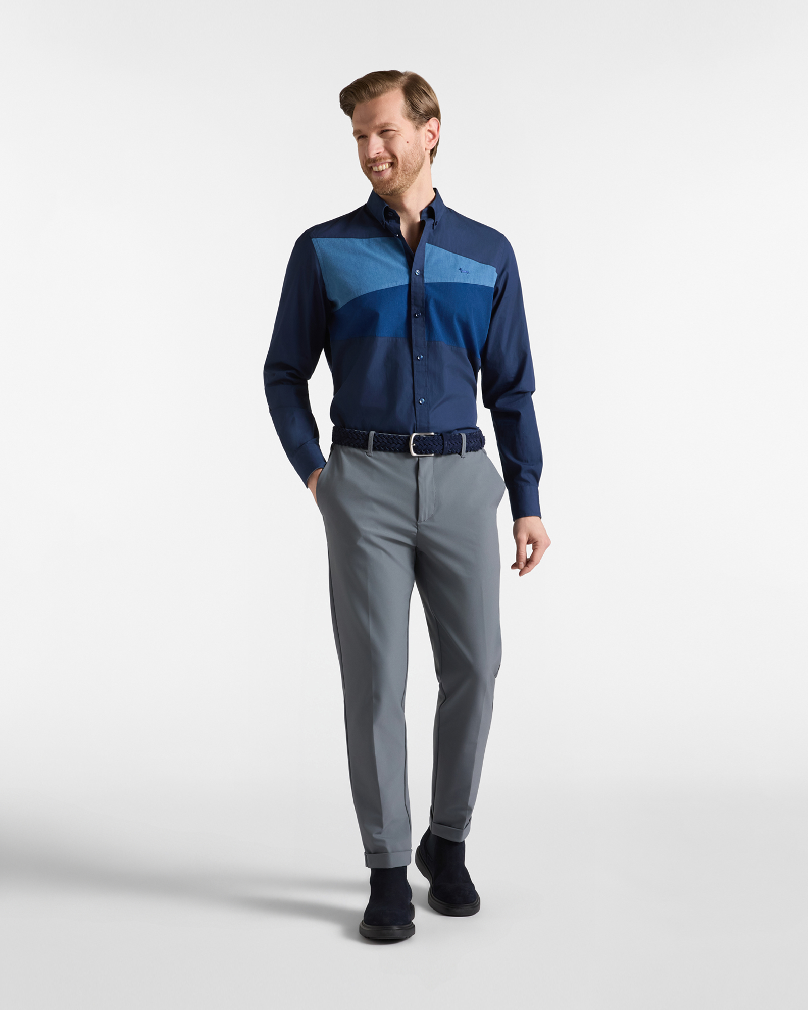 Men's regular-fit dark blue peach poplin shirt with denim, DARK BLUE, large