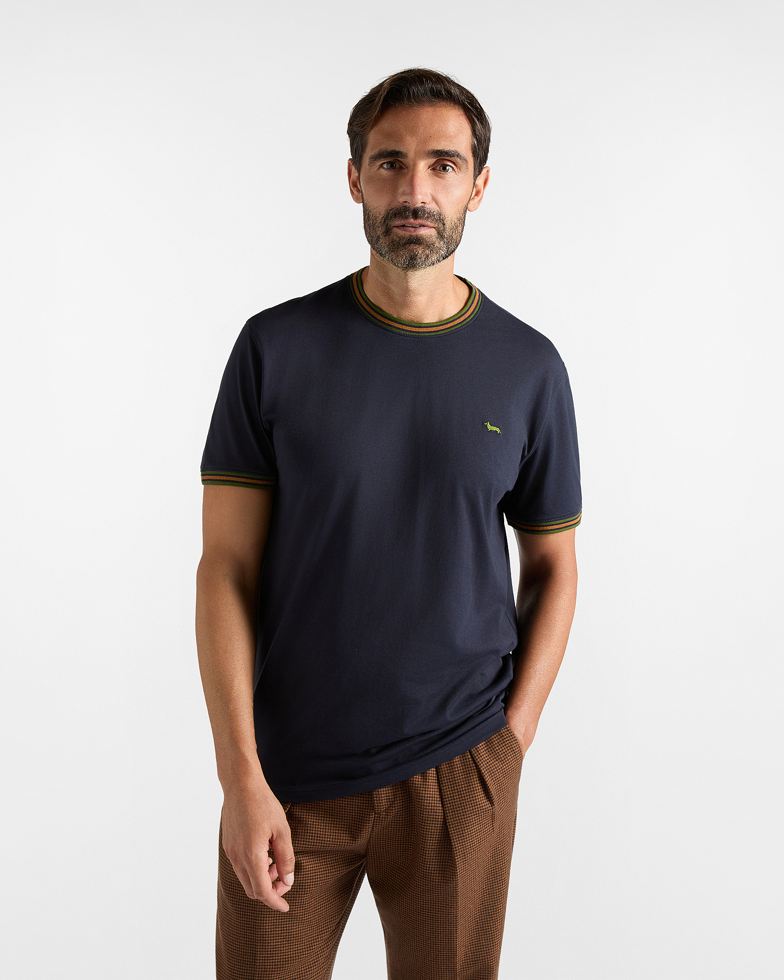 Men's regular-fit T-shirt with striped ribbed crewneck in blue 100% pure cotton