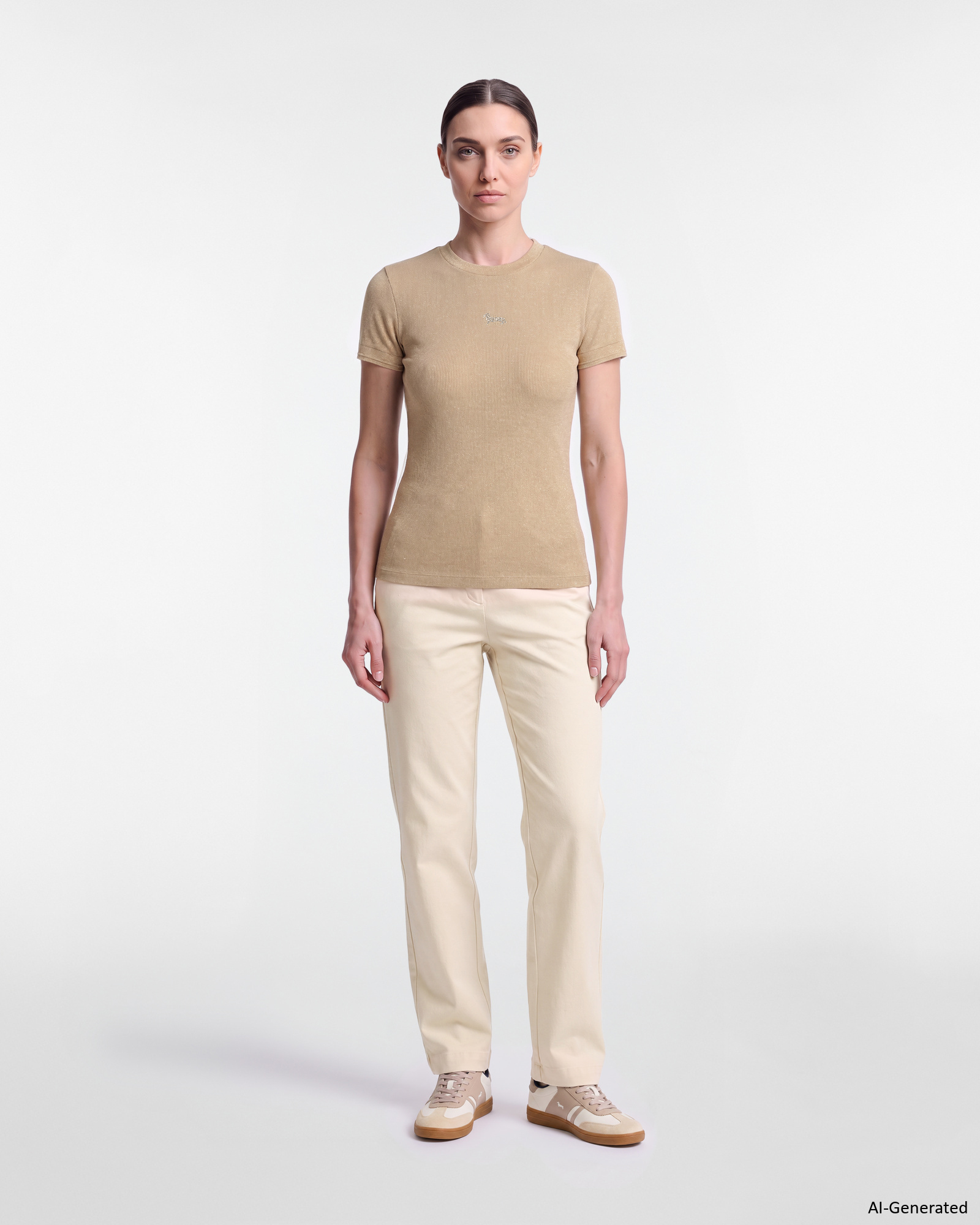 T-shirt Donna Slim in Costina Lam&eacute; con bassottino strass in nylon stretch, TORTORA, large
