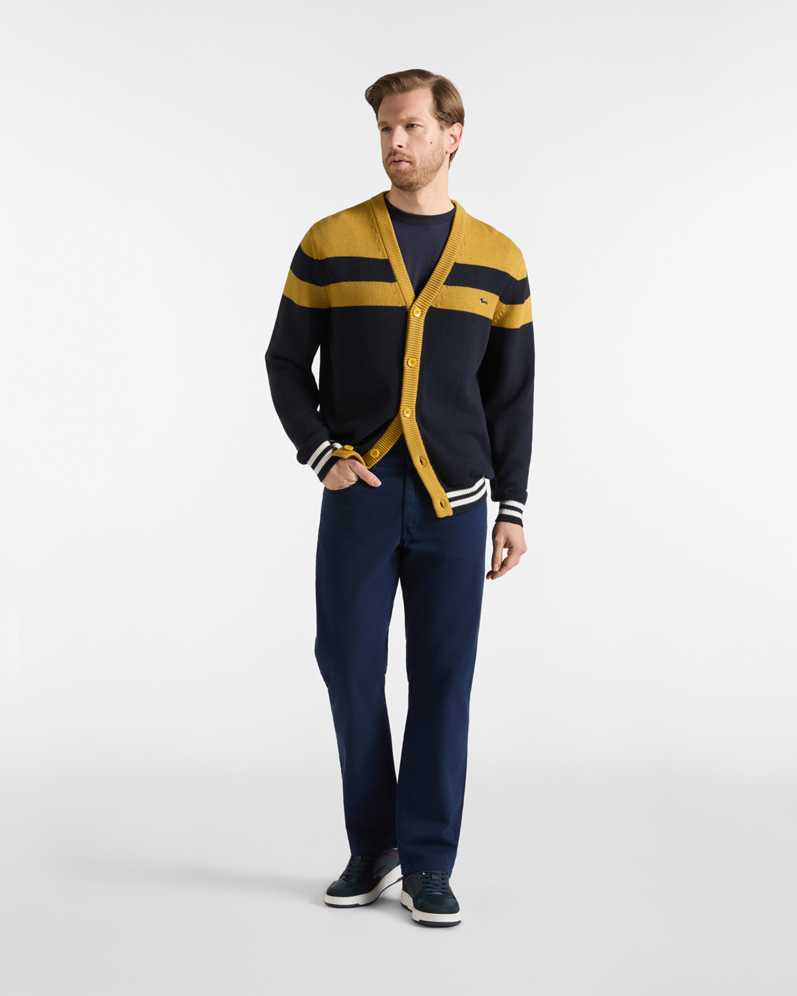 Men's Made in Italy V-neck cardigan in a wool and cotton blend with regular fit, BLACK-YELLOW, large