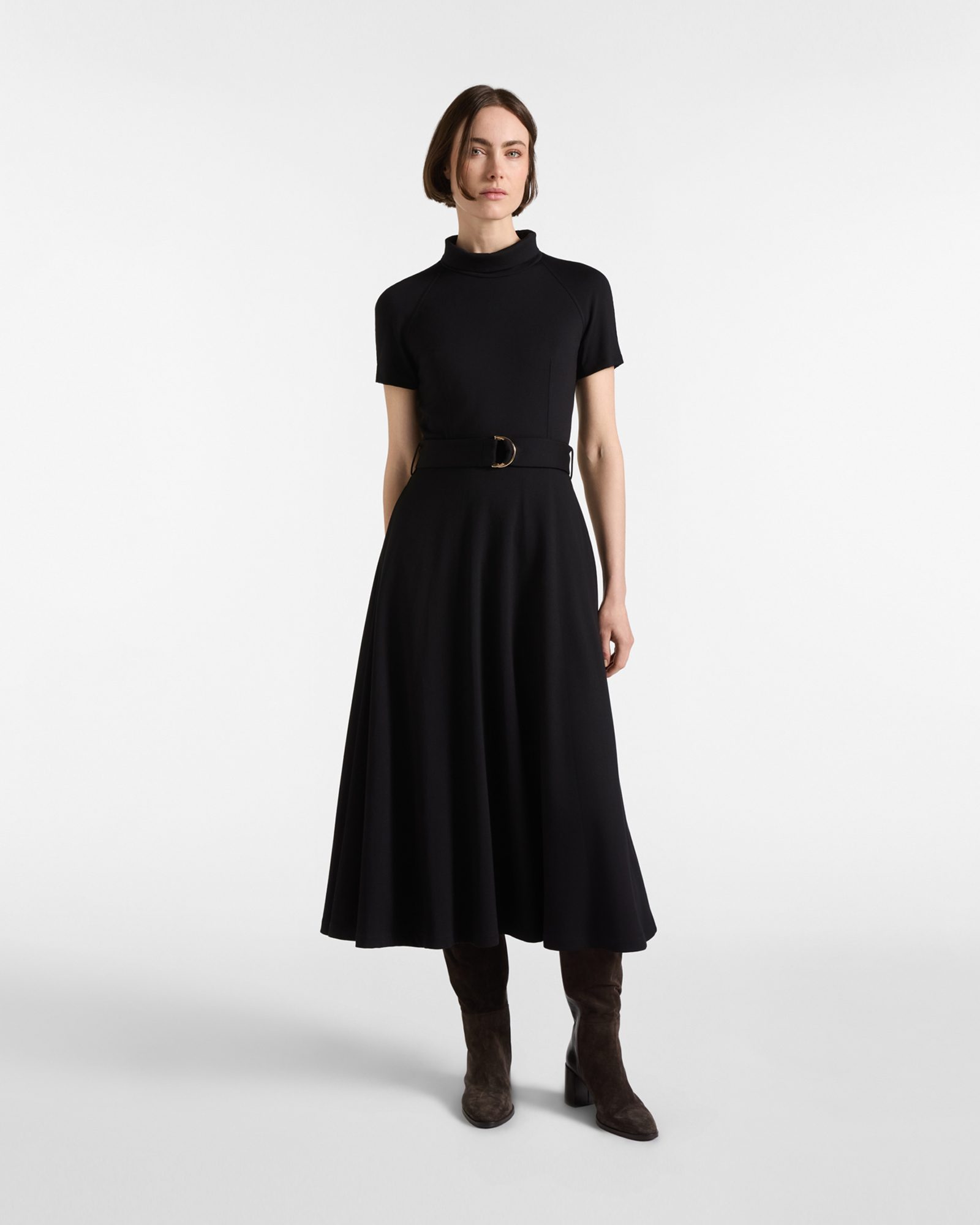 Abito Donna manica corta collo alto in tessuto in maglia punto Milano nero