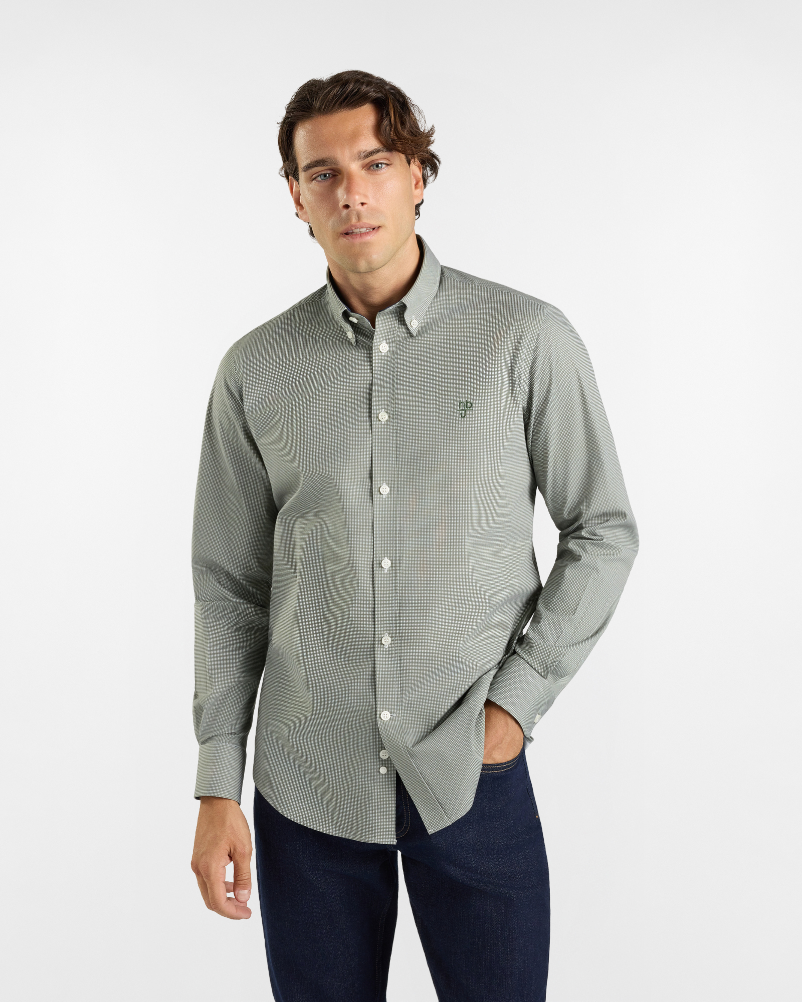Camicia HBJ Uomo Regular Fit con collo Montecarlo in cotone stretch verde