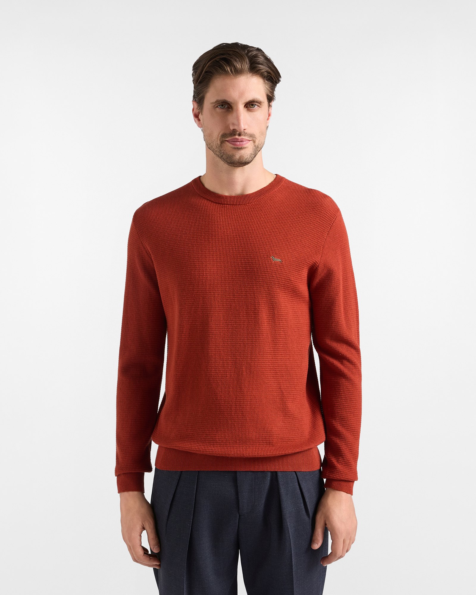 Men's regular fit sweater in wool and cotton blend, BRICK RED, large
