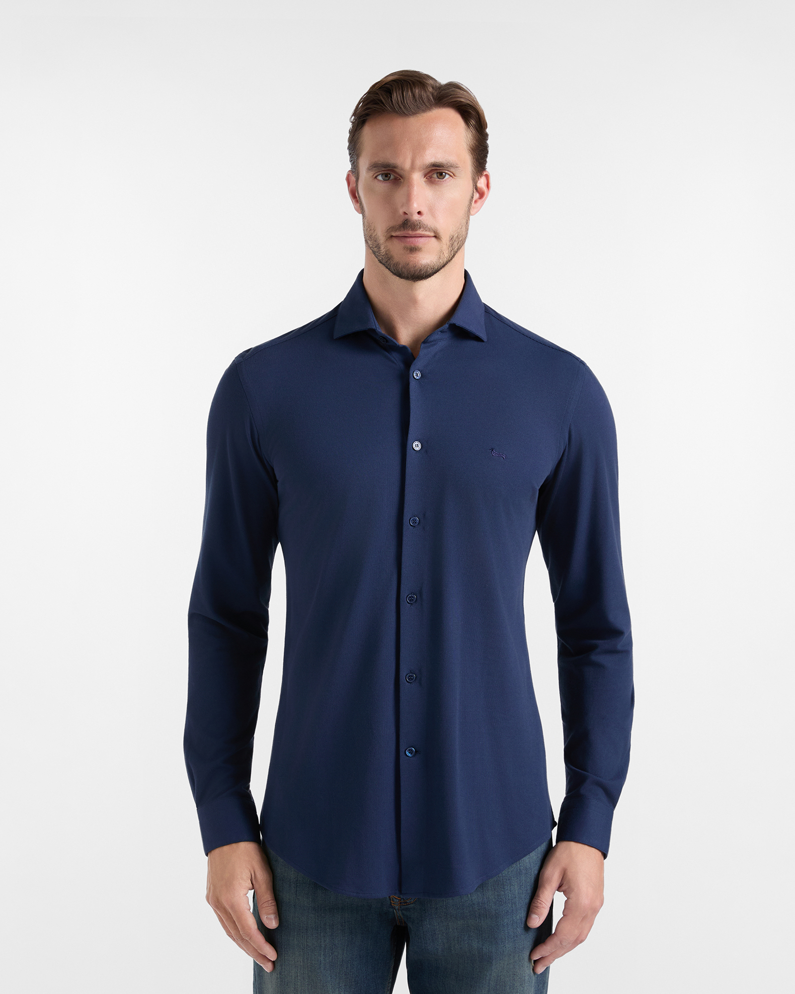 Camicia Uomo in piquet tinta unita Narrow Fit blu