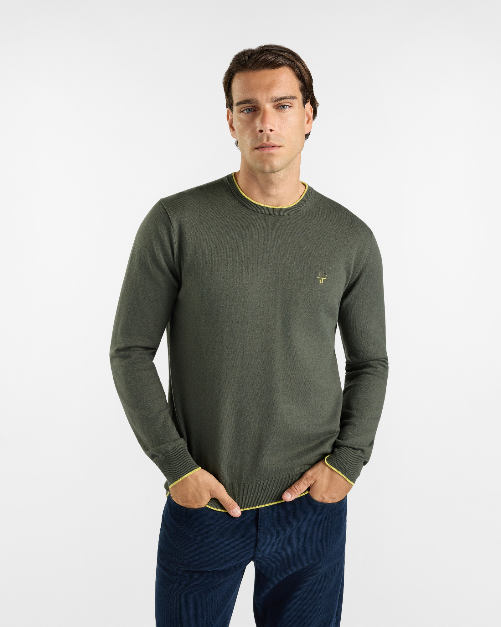Men&rsquo;s HBJ Crew-Neck Jumper in Green Wool and Cashmere Blend