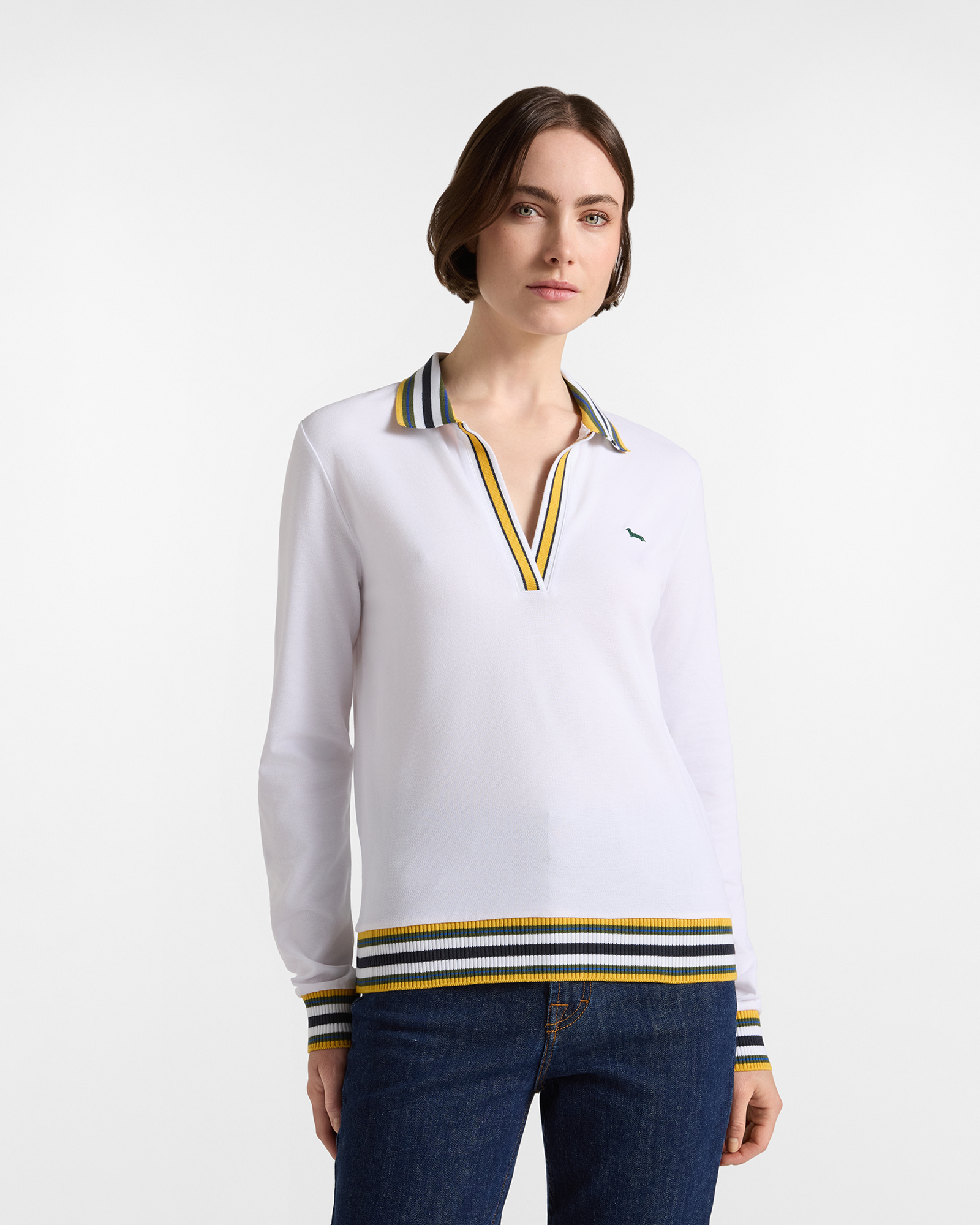 Polo da donna manica lunga con scollo a V in cotone stretch bianco